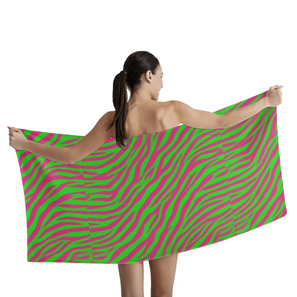 Immerse Yourself in Luxury with Our Green-Pink Tiger Stripe Bath Beach Towels