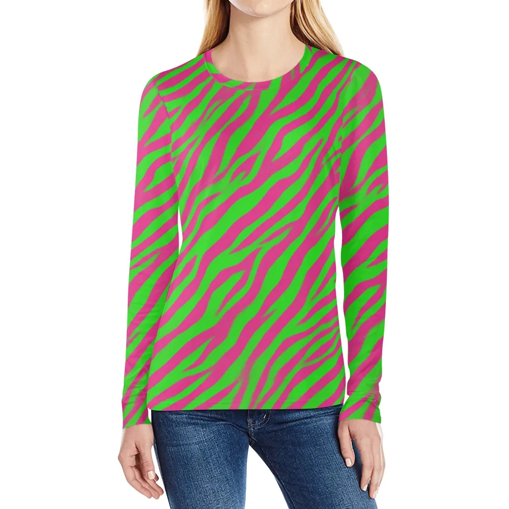 Green-Pink Tiger Stripe Women's Long Sleeve T-Shirt – Embrace Your Boldness