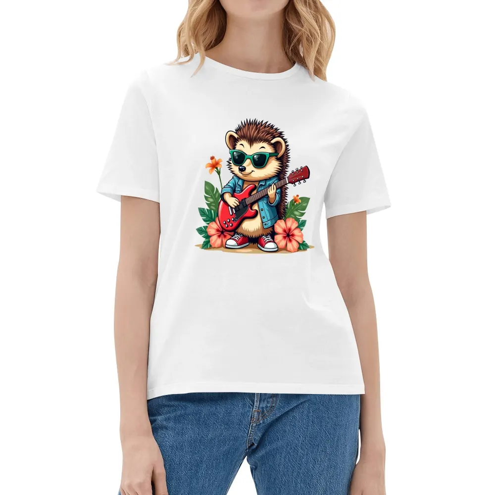 Women’s Cotton T-shirt – Hedgehog Playing Electric Guitar in Hawaiian Style