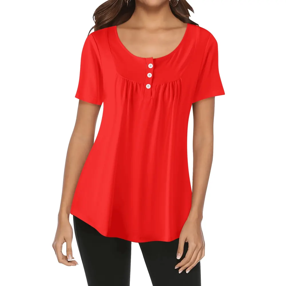 Women's Scoop Neck Short Sleeve Loose Blouse  Red Blouse - Damska Bluzka z Dekoltem w Serek i Krótkim Rękawem – Czerwona Bluzka