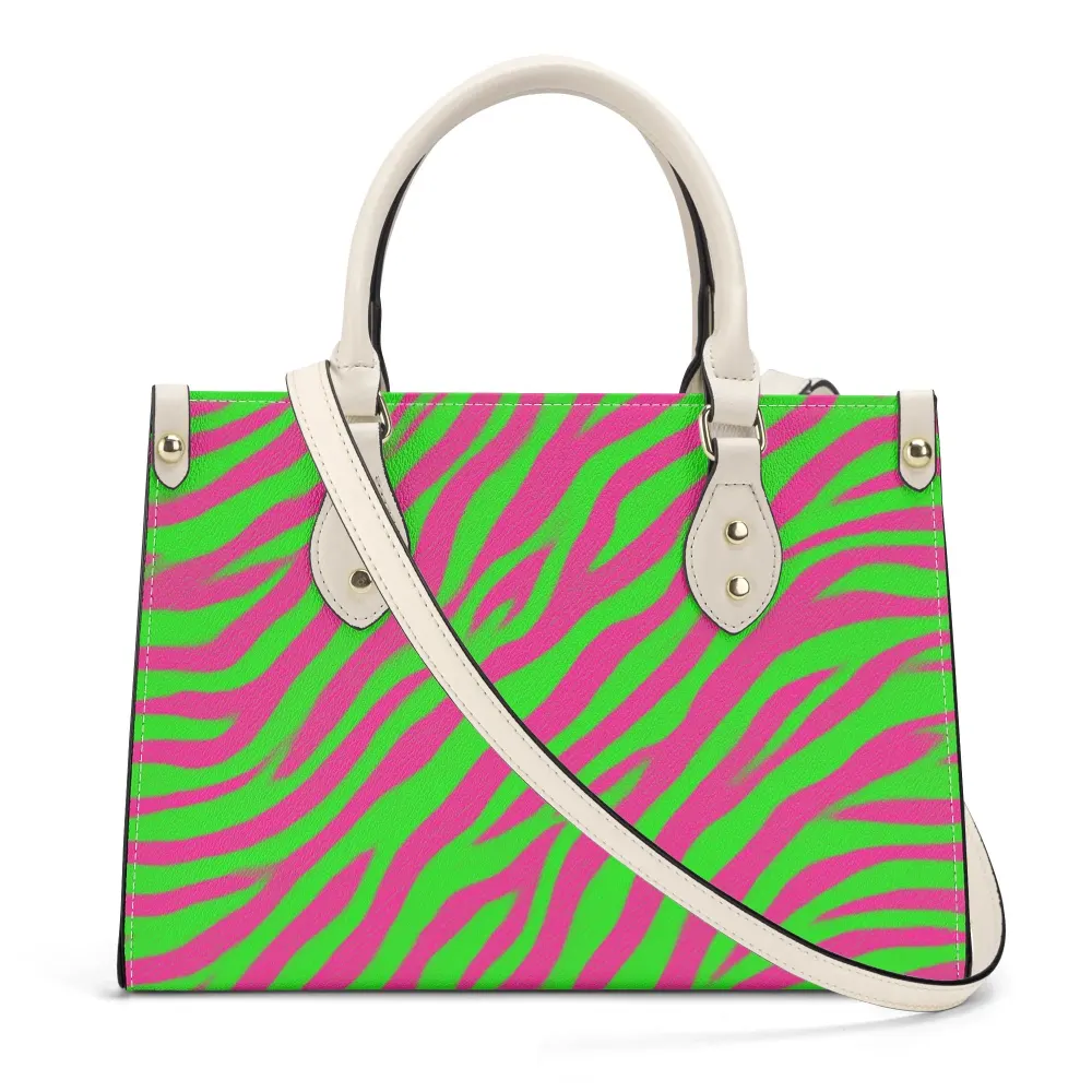 Neon Green and Pink Tiger Print PU Leather Handbag