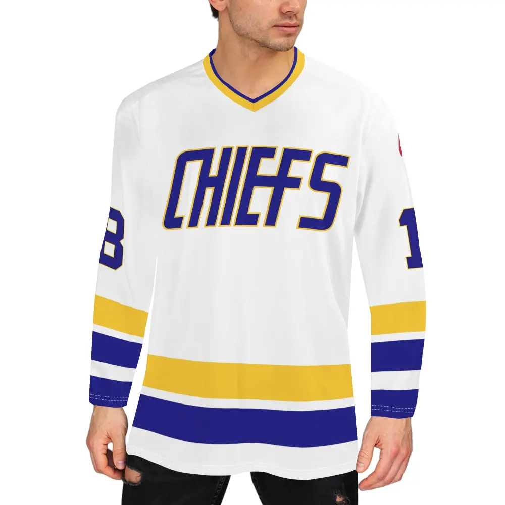 Hanson Brothers Charlestown Chiefs 18 Jeff Slap Shot Movie Men's Hockey Jersey Long Sleeve Shirt