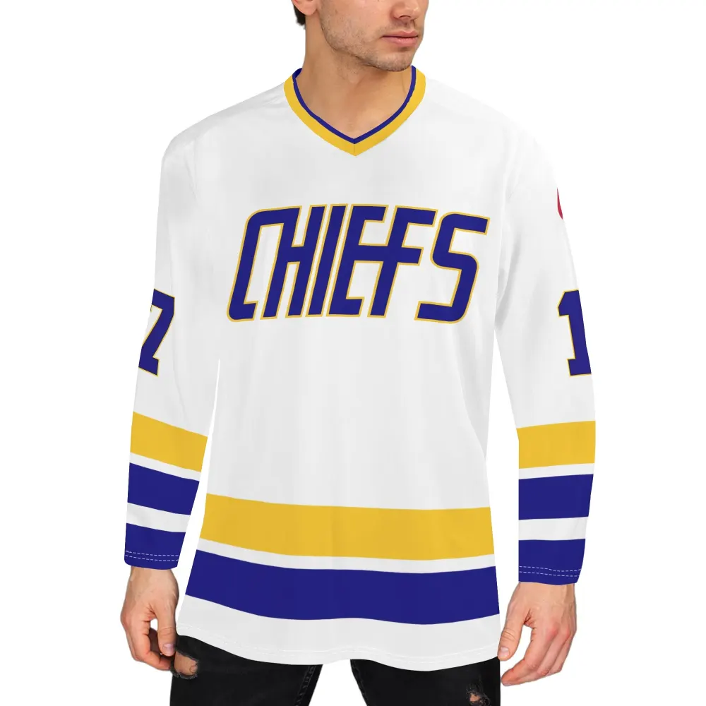 Hanson Brothers Charlestown Chiefs 17 Steve Slap Shot Movie Men's Hockey Jersey Long Sleeve Shirt