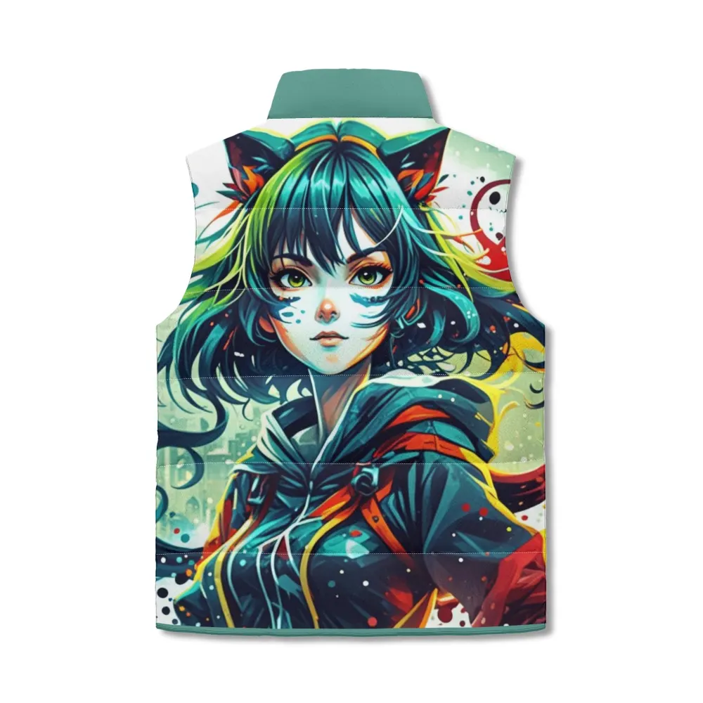 Unisex Lightweight Anime Cat Girl Zip Up Puffer Vest