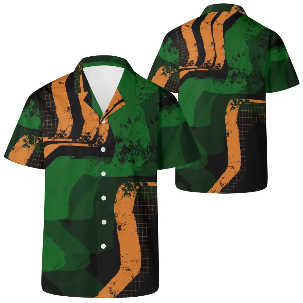 Orange Greenish Geometric Men's All Over Print Casual Hawaiian Shirt