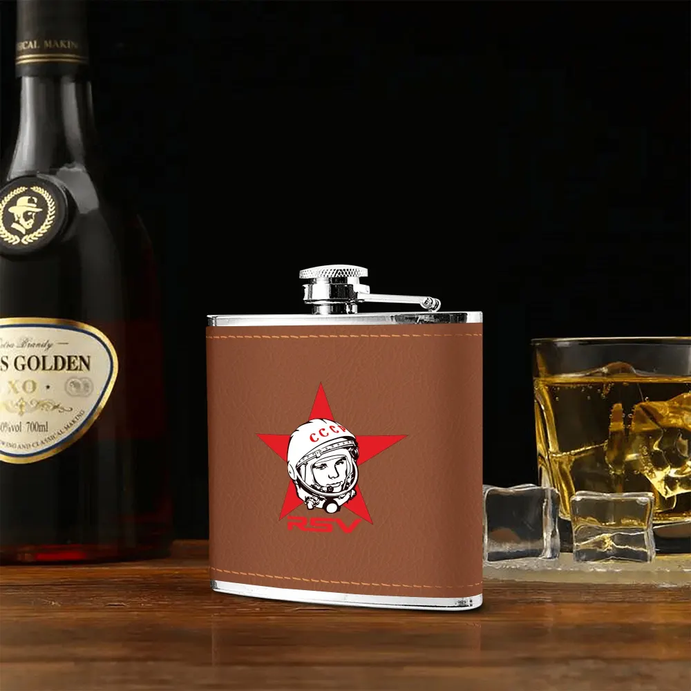 Custom Brown Leather Flask Wrapped Stainless Steel 6oz