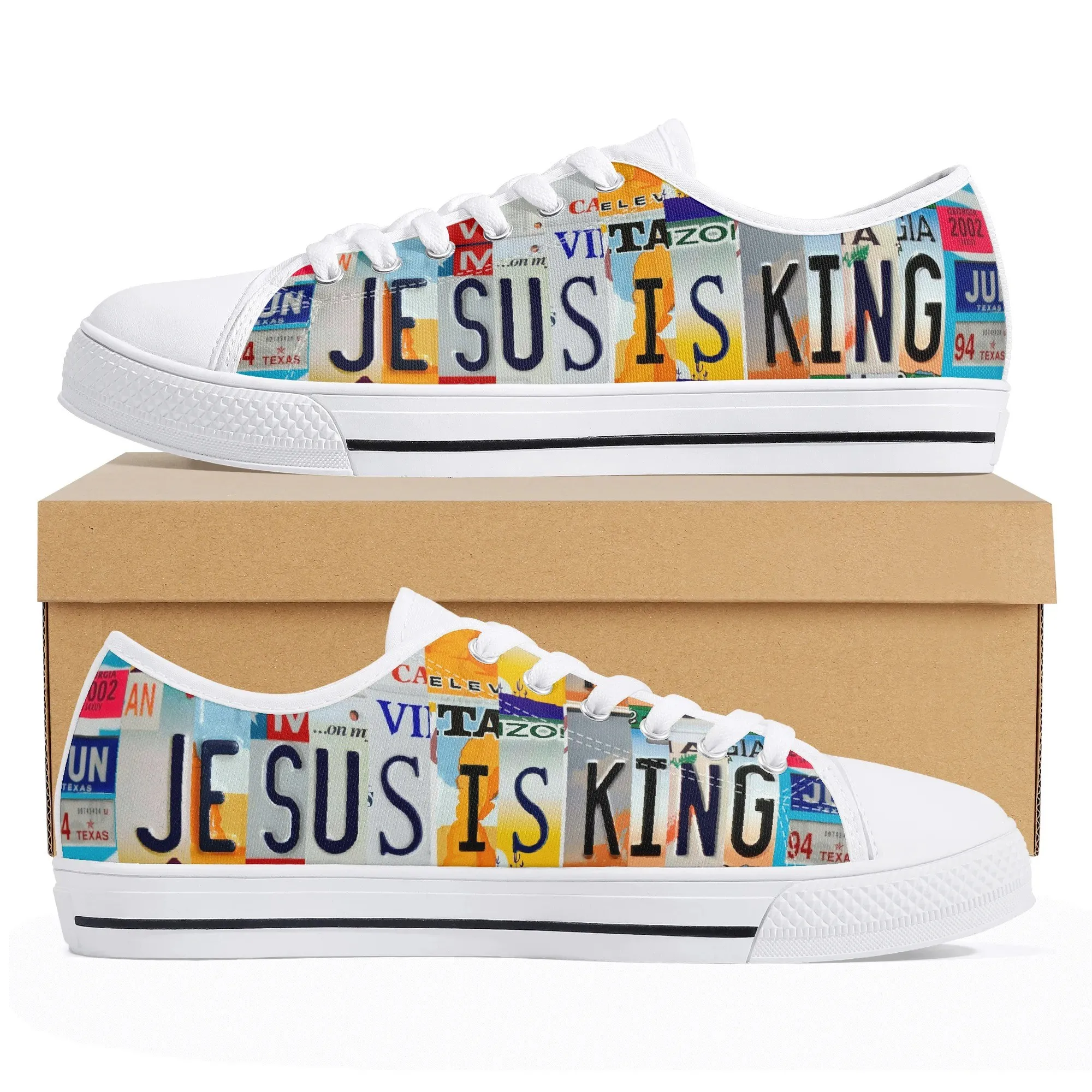 Jesus Is King Shoes, Christian Low Top Sneakers, Religious Canvas Shoes, Faith-Based Footwear, License Plate Print, Men's Gift