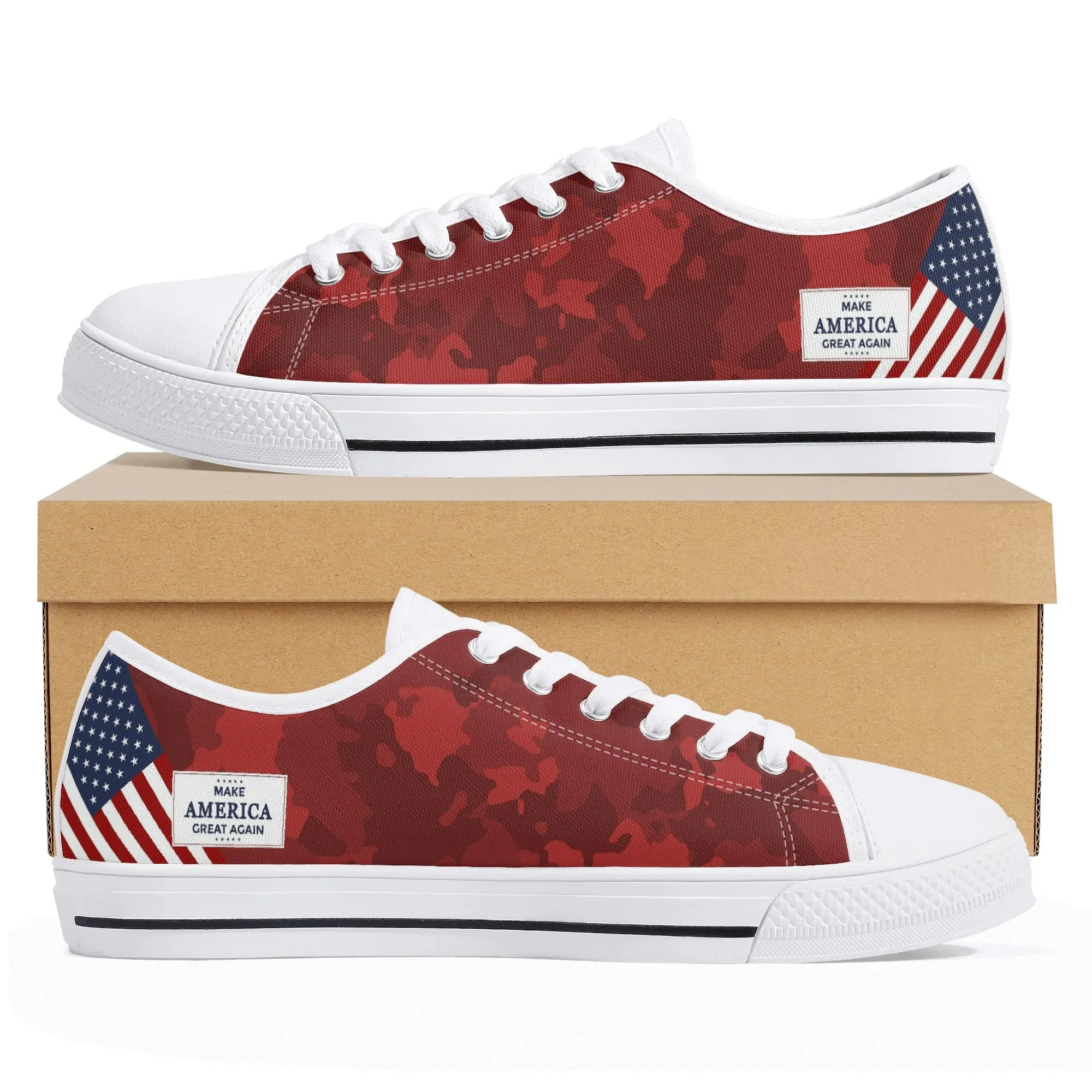 Personalized Red Camo MAGA Shoes | Custom Name Republican Low Top Canvas Sneakers | Patriotic Make America Great Again Gift
