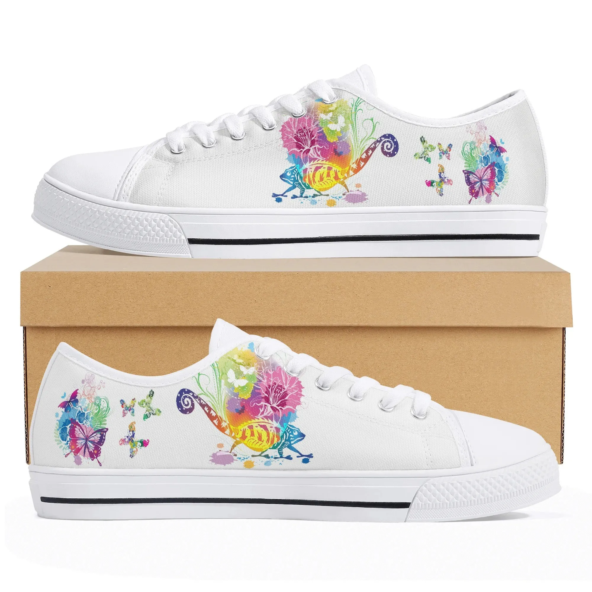 Personalized Watercolor Butterfly Shoes | Custom Name Colorful Floral Low Top Canvas Sneakers | Unique Music Lover Gift