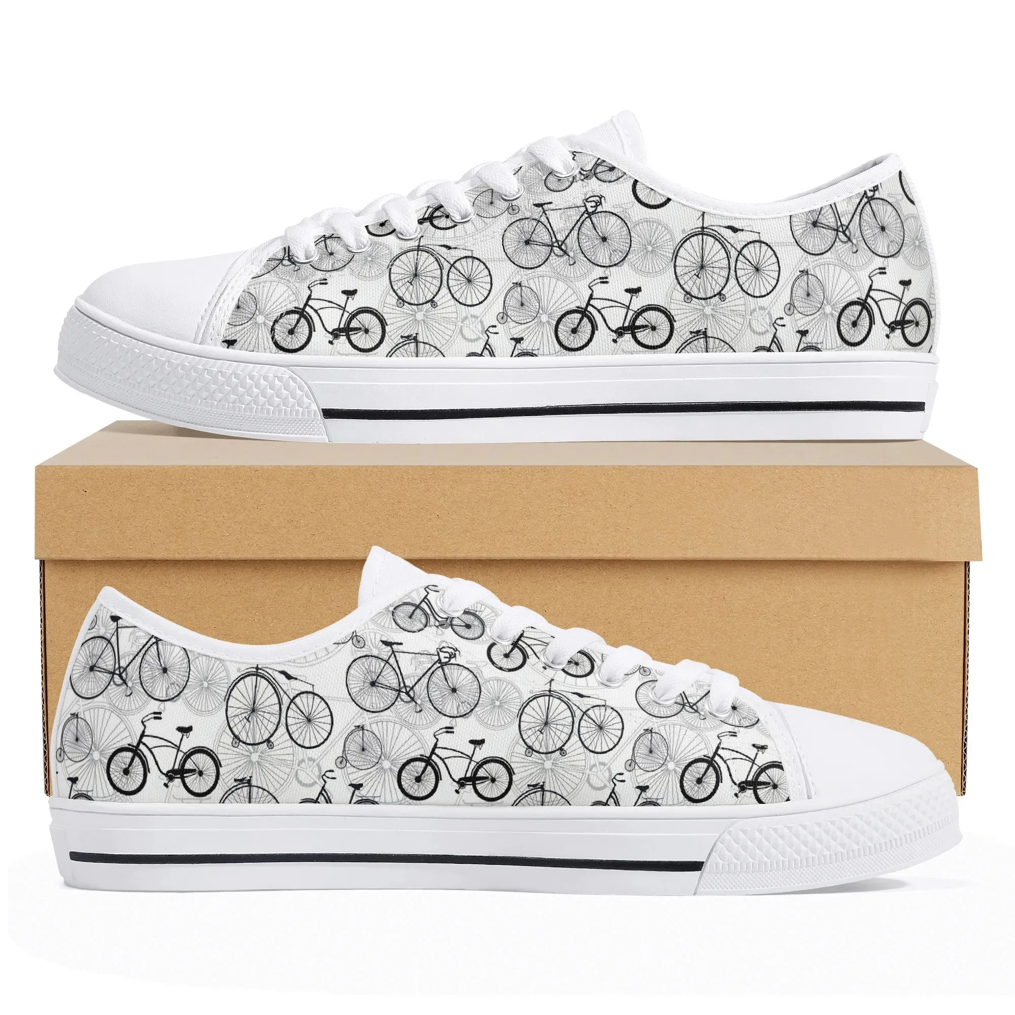 Personalized Bicycle Print Shoes | Custom Name Monochromatic Bike Low Top Canvas Sneakers | Unique Cyclist Footwear Gift
