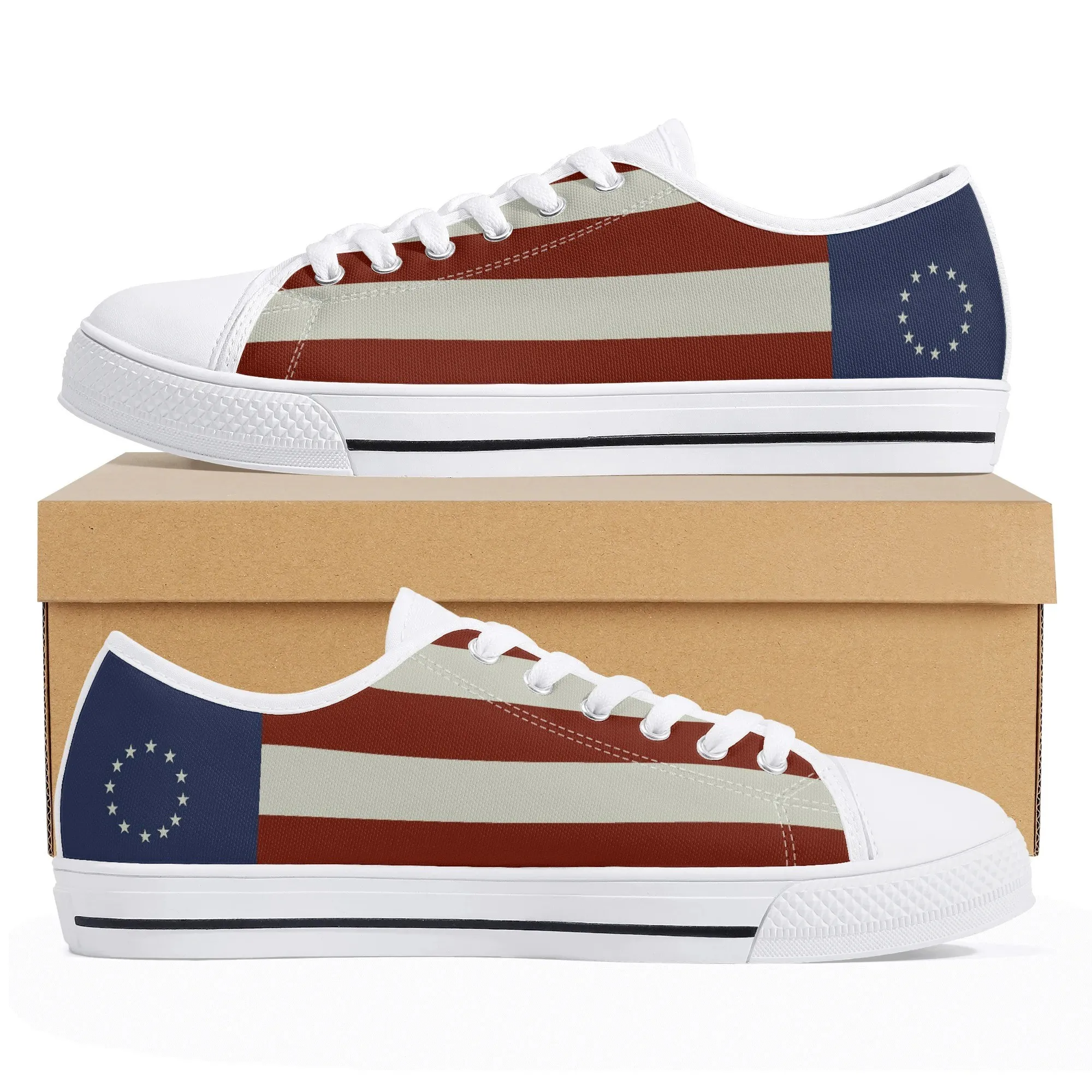Personalized Betsy Ross Flag Shoes | Custom Name Vintage 13 Star Low Top Canvas Sneakers | Historical American Patriot Gift