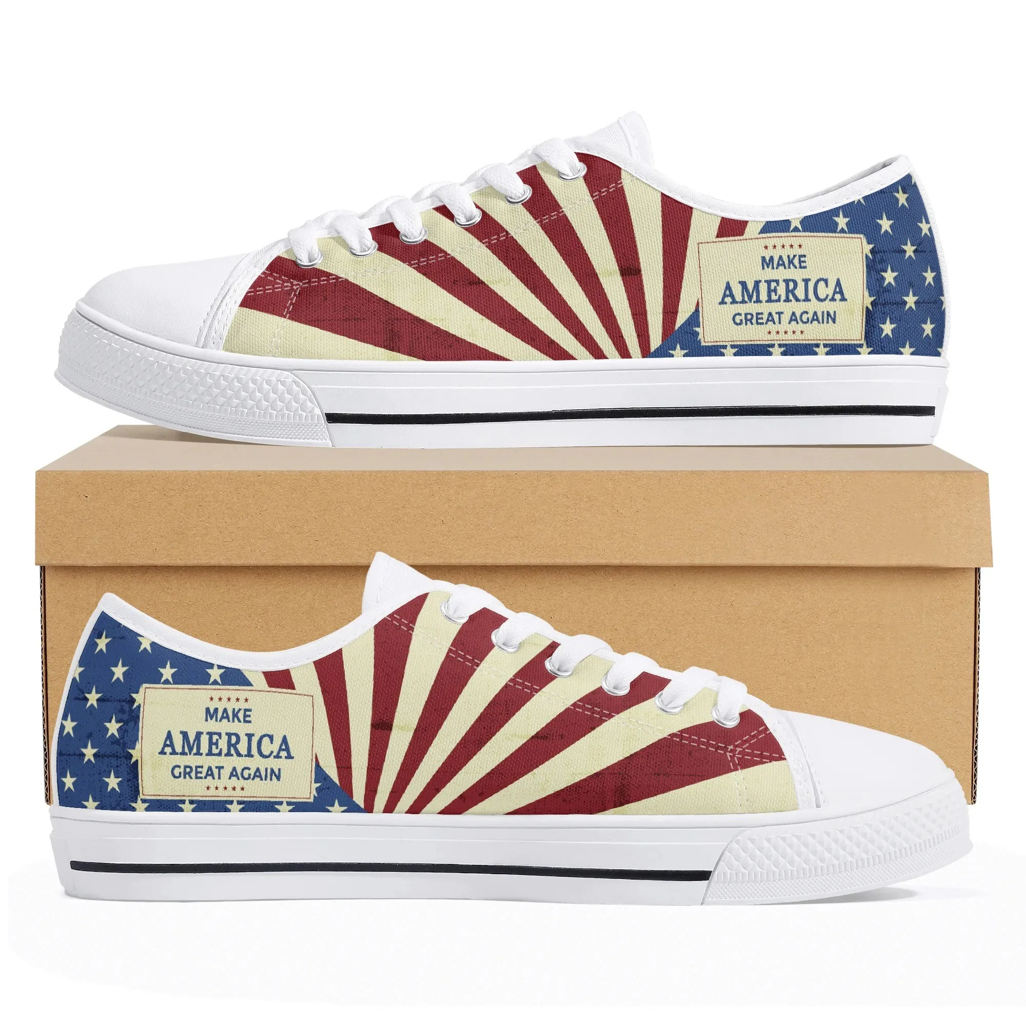 Personalized MAGA Sunburst Shoes | Custom Name Republican Low Top Canvas Sneakers | Unisex Patriotic Make America Great Again Gift