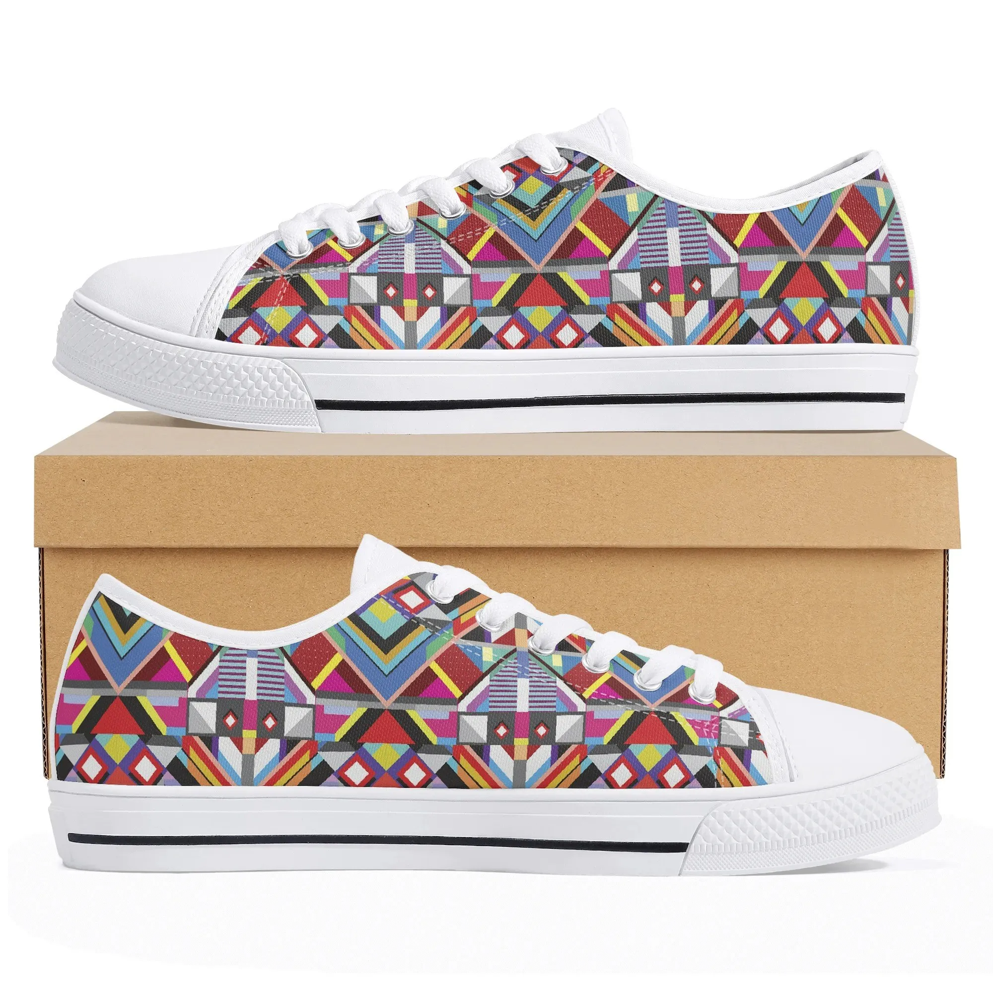 Personalized Geometric Pattern Shoes | Custom Name Tribal Abstract Low Top Canvas Sneakers | Unique Colorful Art Footwear