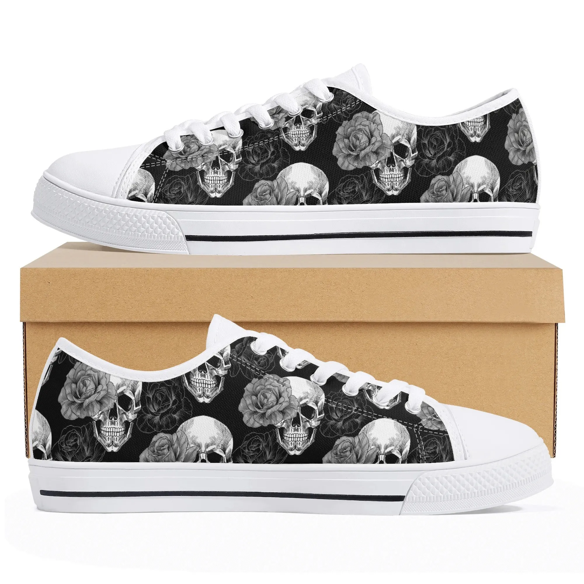 Personalized Goth Skull Rose Shoes | Custom Name Black And White Low Top Canvas Sneakers | Unisex Edgy Floral Footwear Gift