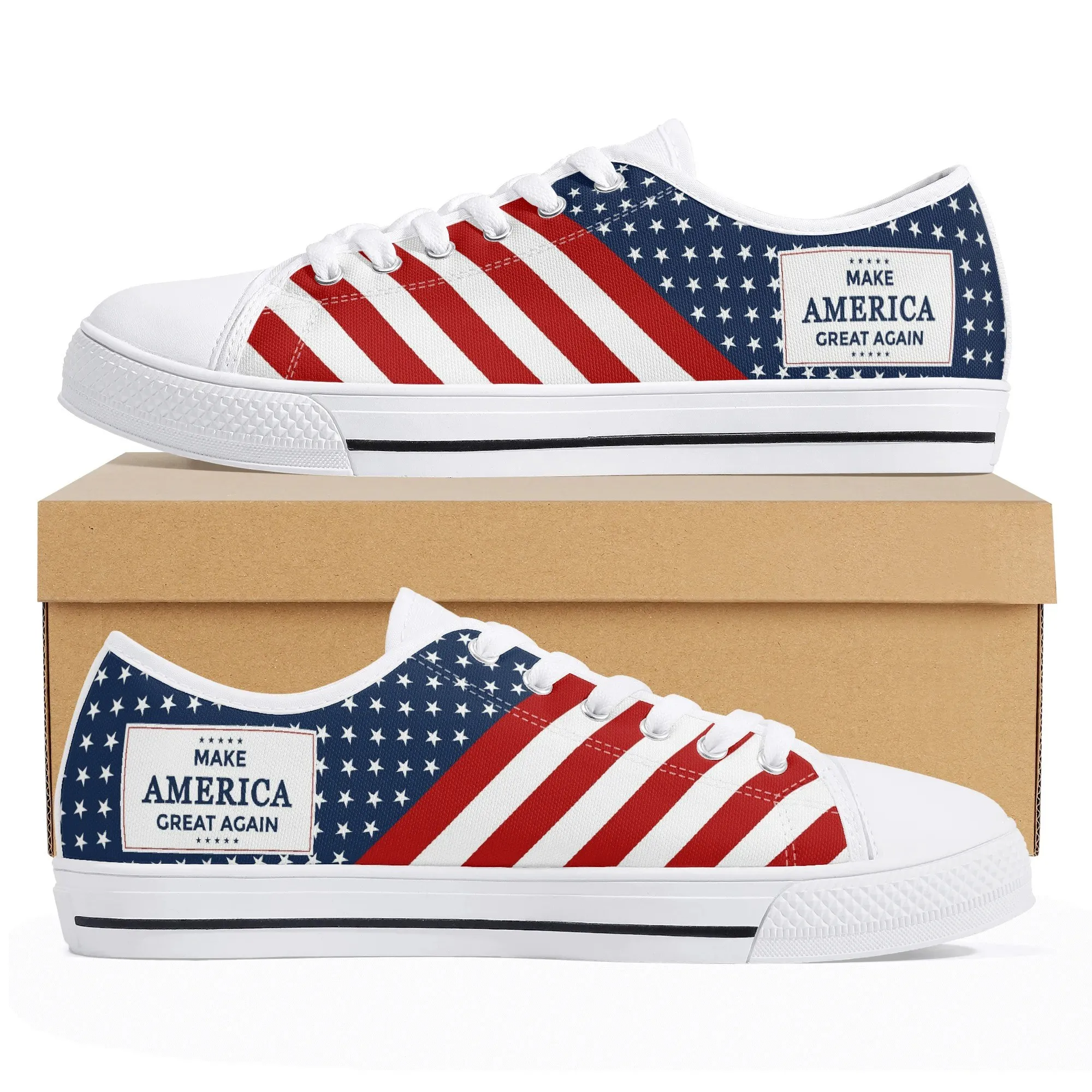 Personalized MAGA Flag Shoes | Custom Name Republican Low Top Canvas Sneakers | Patriotic Make America Great Again Gift