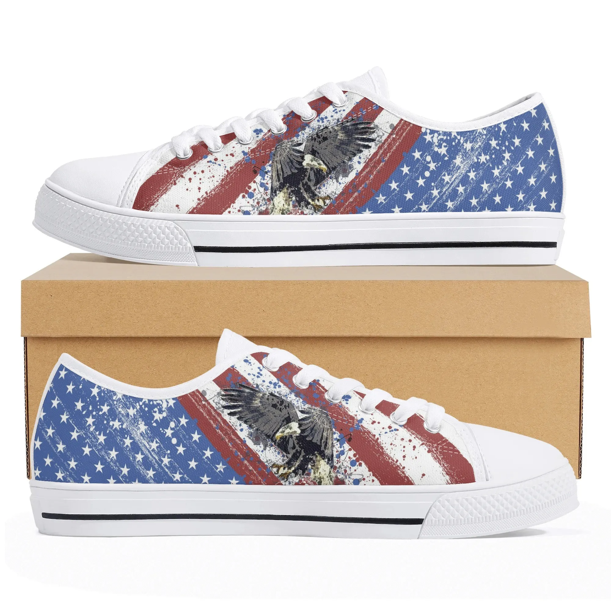 Personalized Grunge American Flag Shoes | Custom Name Distressed Eagle Low Top Canvas Sneakers | Patriotic US Military Gift