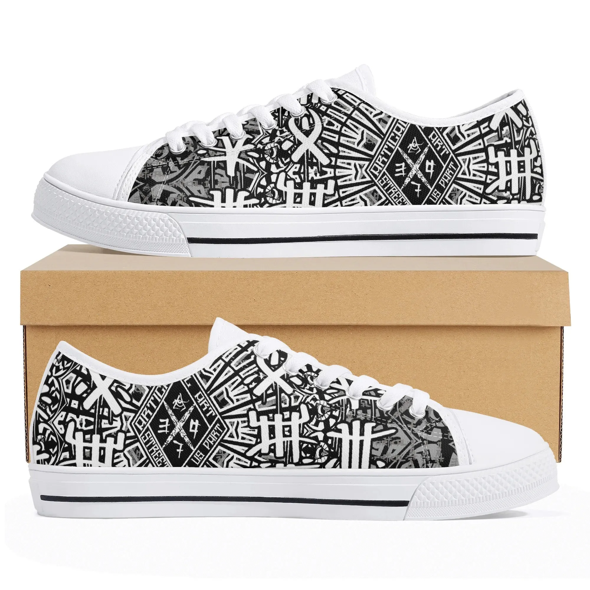 Personalized Abstract Tribal Shoes | Custom Name Urban Graphic Black White Low Top Canvas Sneakers | Edgy Unique Art Footwear