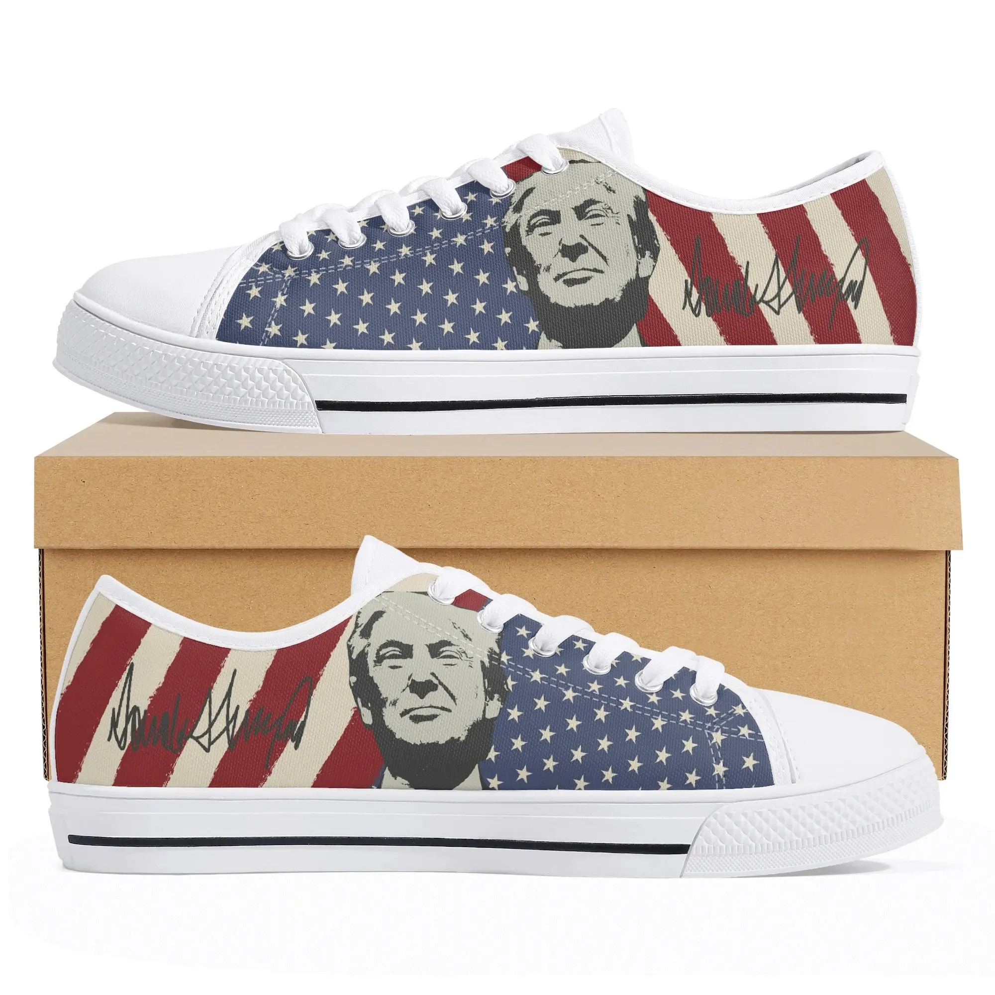 Donald Trump Signature Low Top Canvas Shoes, Patriotic US Flag Sneakers, Republican Gifts, MAGA Kicks, Vintage American Flag Shoes