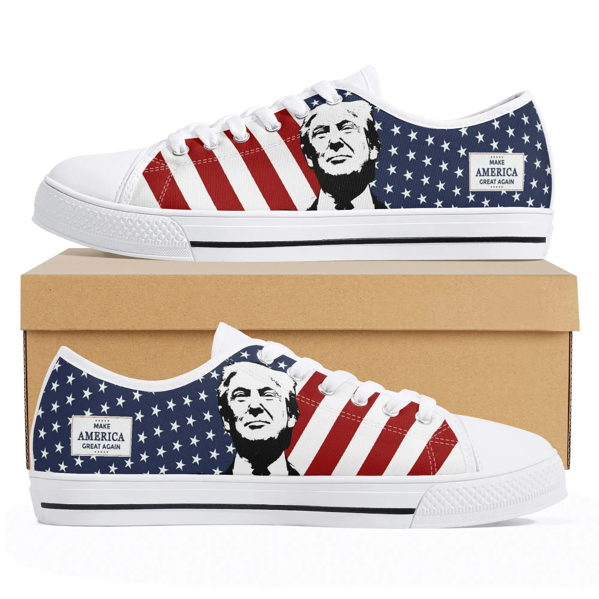 Donald Trump MAGA Low Top Canvas Shoes, Patriotic US Flag Sneakers, Make America Great Again Kicks, Republican Political Rally Shoes