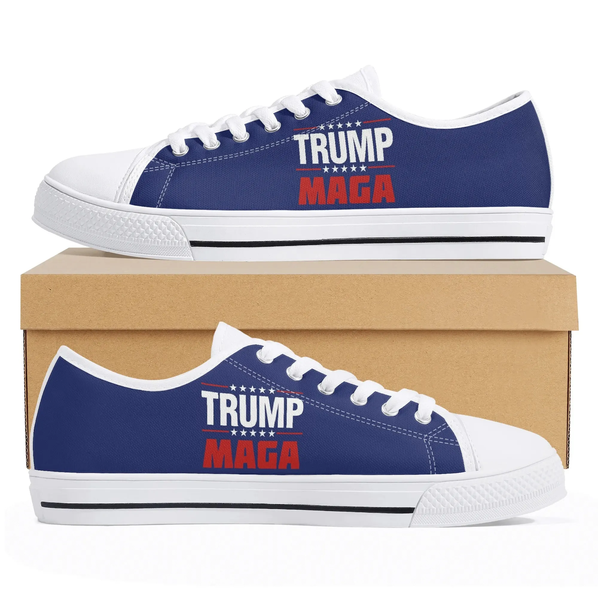 TRUMP MAGA Low Top Canvas Shoes, Simple Navy Blue Conservative Sneakers, Republican Statement Kicks, Make America Great Again Footwear