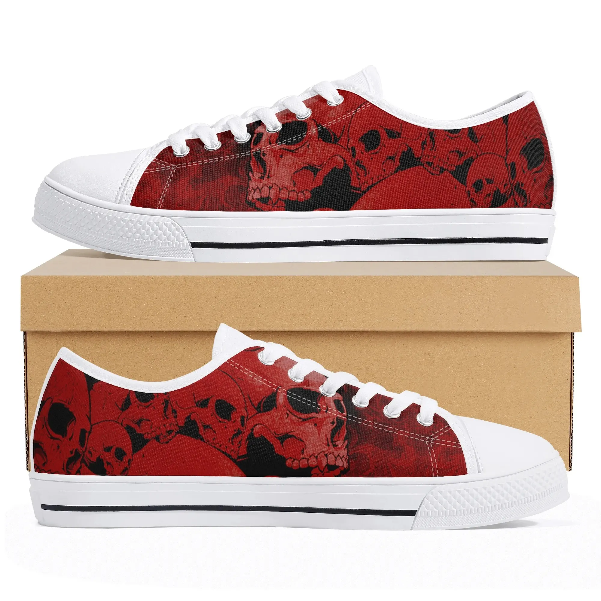 Red Skull Low Top Canvas Shoes, Gothic Grunge Horror Sneakers, Dark Aesthetic Footwear, Unisex Edgy Skeleton Kicks