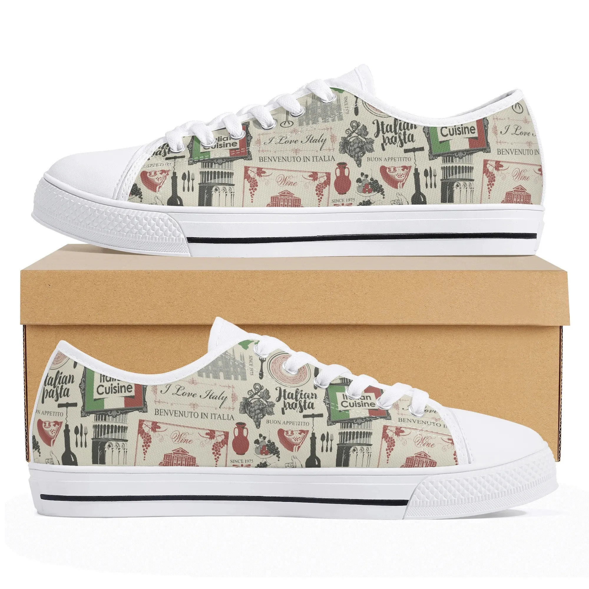 Italian Cuisine Low Top Canvas Shoes, Vintage Foodie Travel Sneakers, Women's Rubber Platform Casual Shoe Gift for Her
