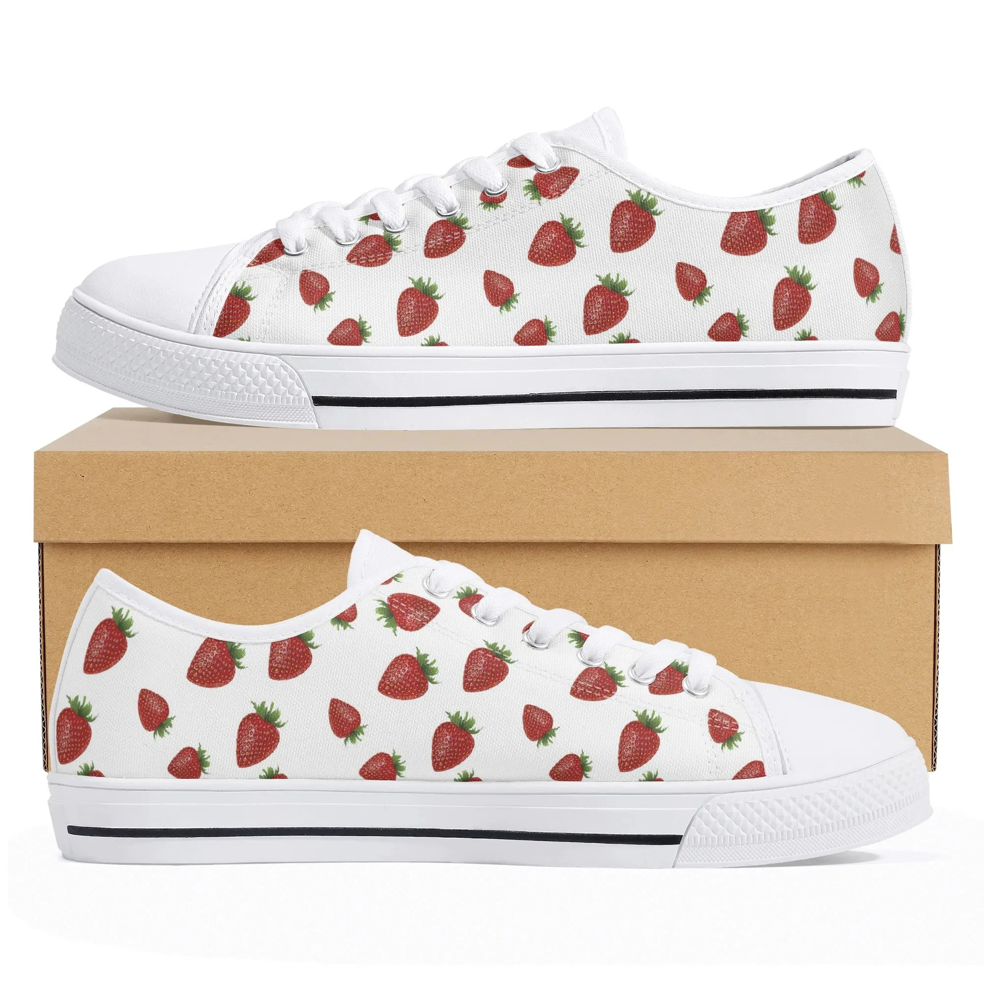 Strawberry Low Top Canvas Shoes, Cute Fruit Pattern Sneakers, Women's Rubber Platform Casual Footwear, Sweet Summer Gift for Her