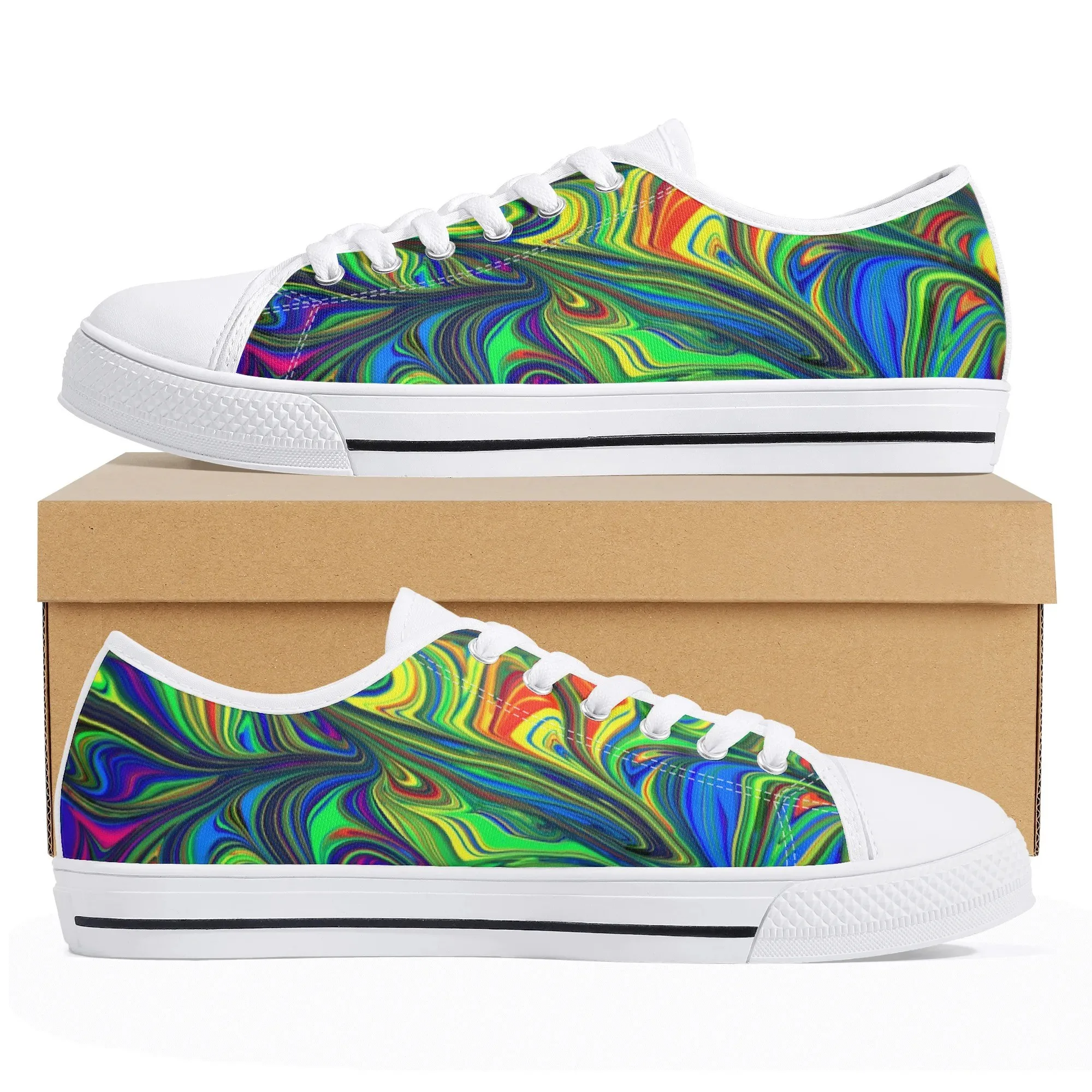 Psychedelic Swirl Low Top Canvas Shoes, Colorful Abstract Fluid Art Platform Sneakers, Vibrant Hippie Festival Gift