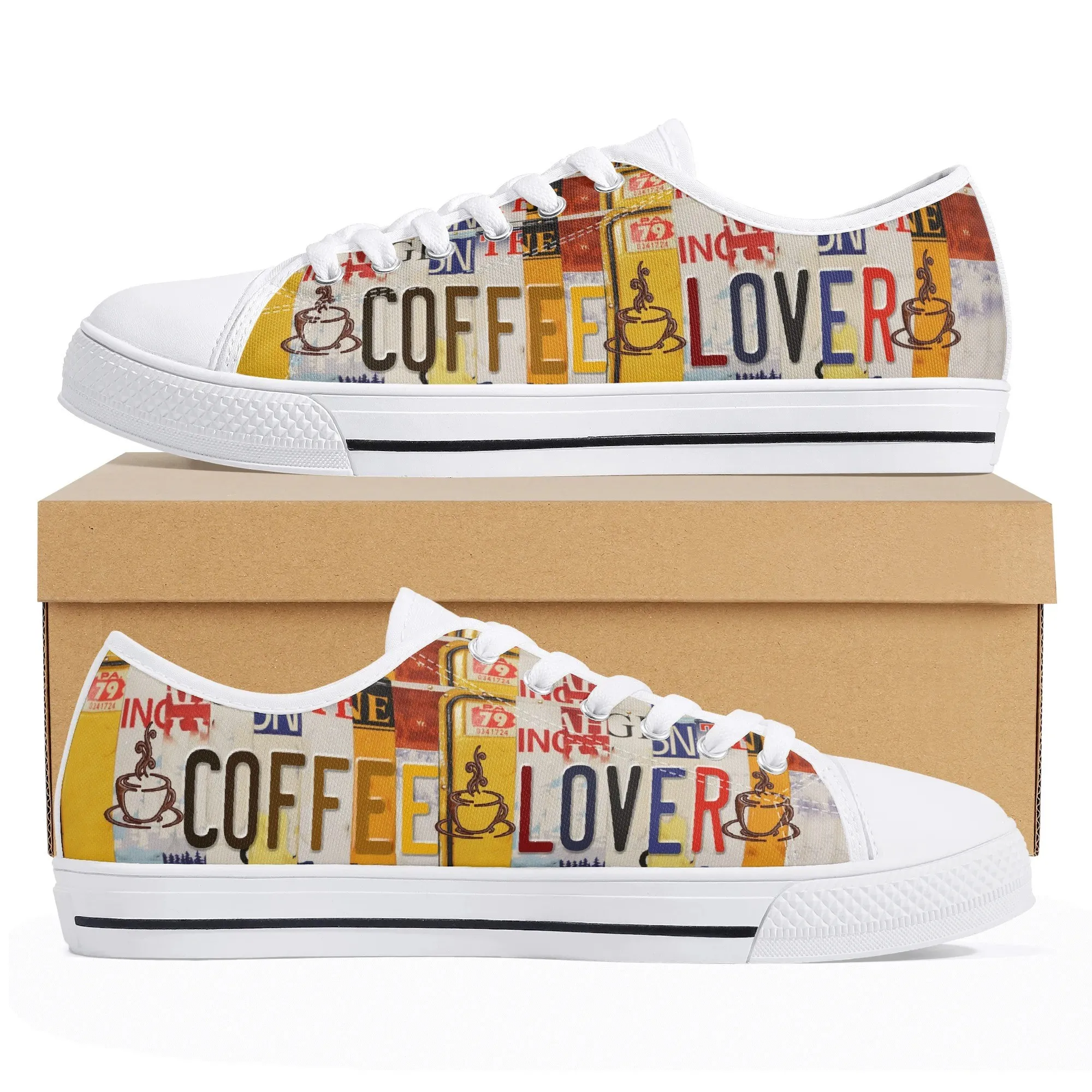 Coffee Lover License Plate Low Top Canvas Shoes, Colorful Caffeine Platform Sneakers, Unique Gift for Barista or Her
