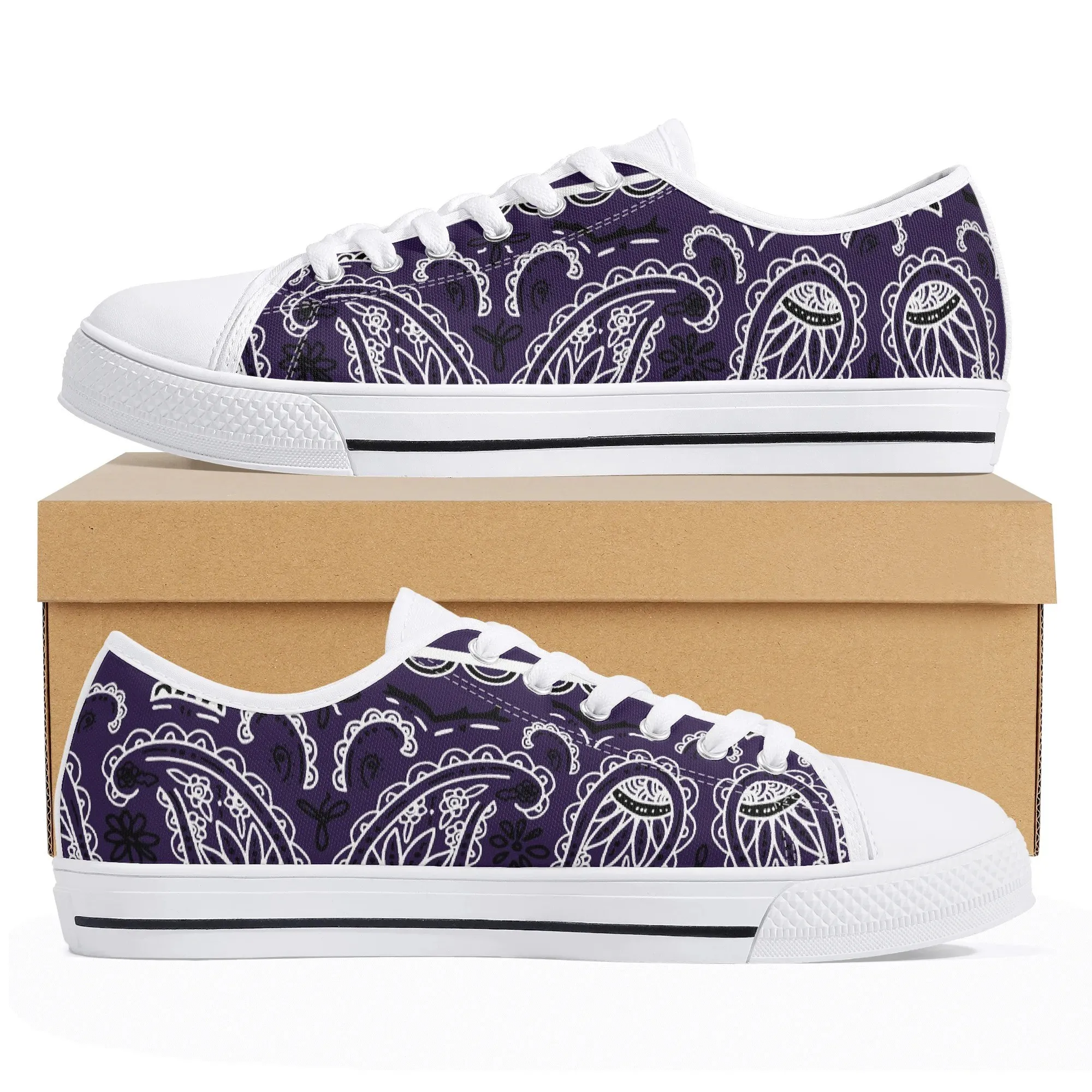 Deep Purple Bandana Low Top Canvas Shoes, Violet Paisley Platform Sneakers, Women's Goth Aesthetic Streetwear Gift