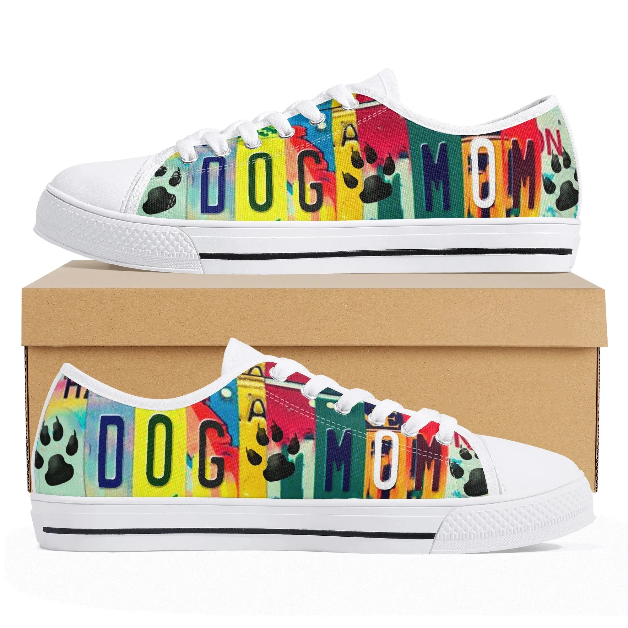 Dog Mom License Plate Low Top Canvas Shoes, Rainbow Paw Print Platform Sneakers, Colorful Pet Lover Gift for Her