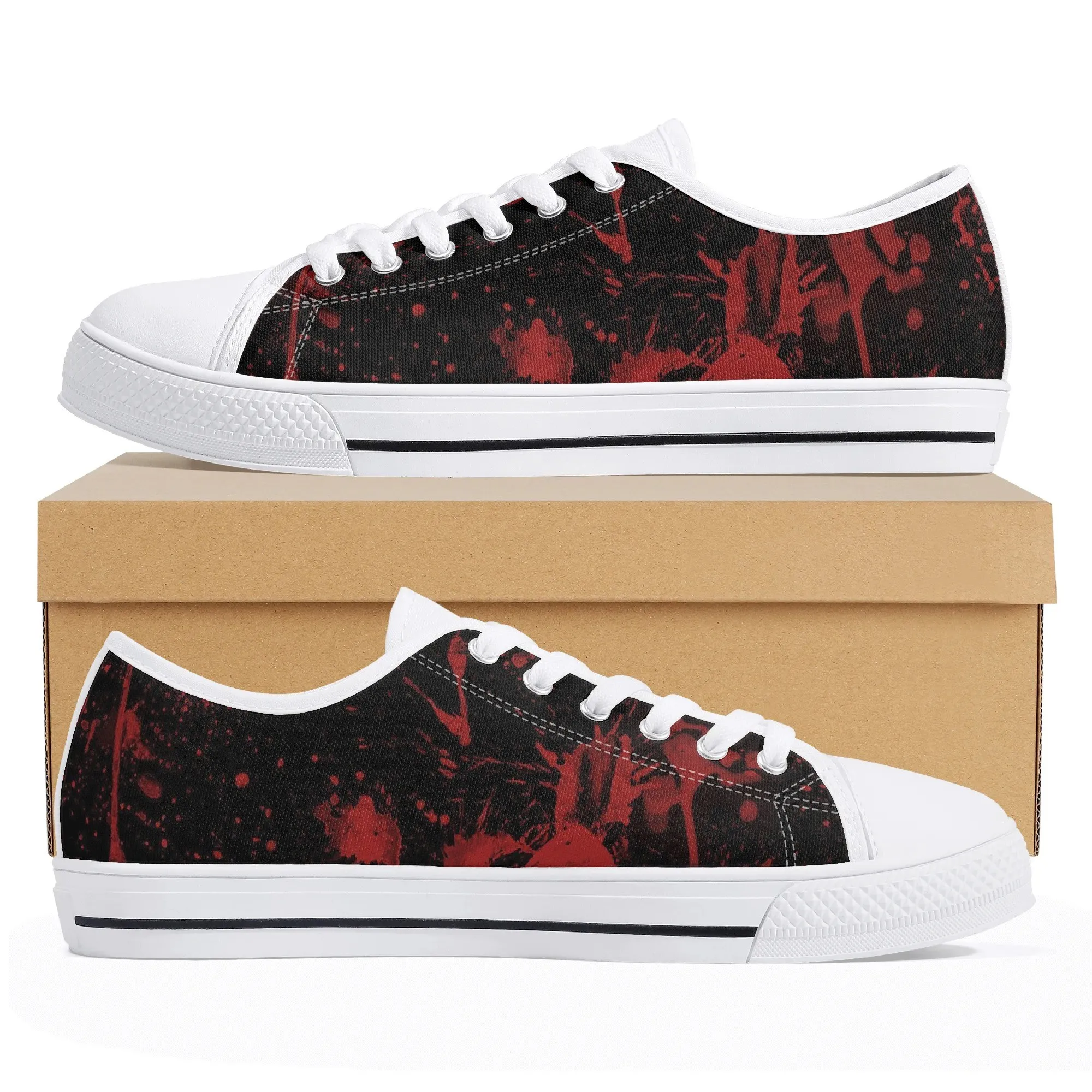 Red Splatter Paint Low Top Canvas Shoes, Abstract Grunge Platform Sneakers, Black and Red Goth Aesthetic Footwear