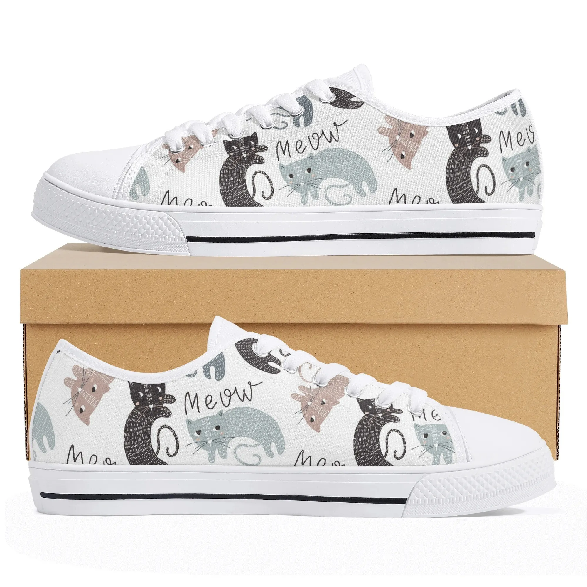 Cat Pattern Low Top Canvas Shoes, Whimsical Meow Sneakers, Women's Platform Casual Shoes, Gift for Cat Lovers