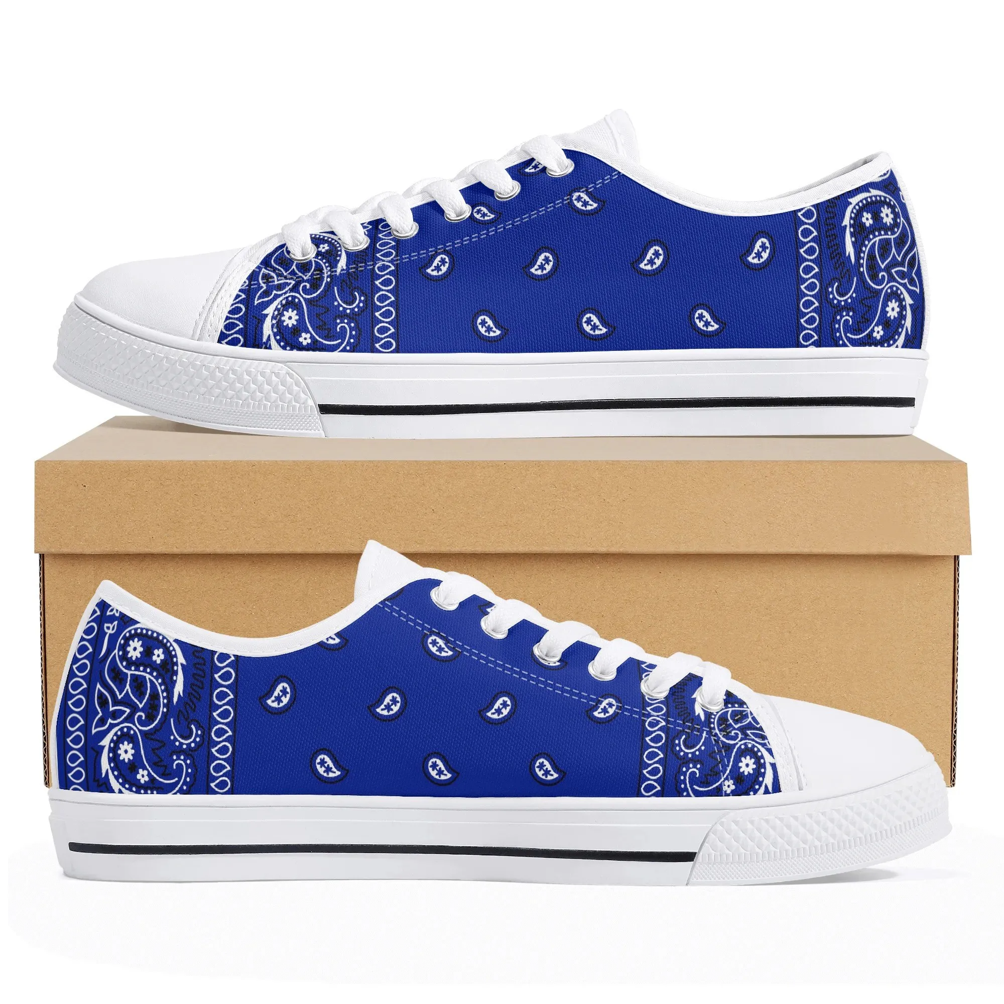 Royal Blue Bandana Low Top Canvas Shoes, Classic Paisley Platform Sneakers, Women's Hip Hop Streetwear Footwear Gift
