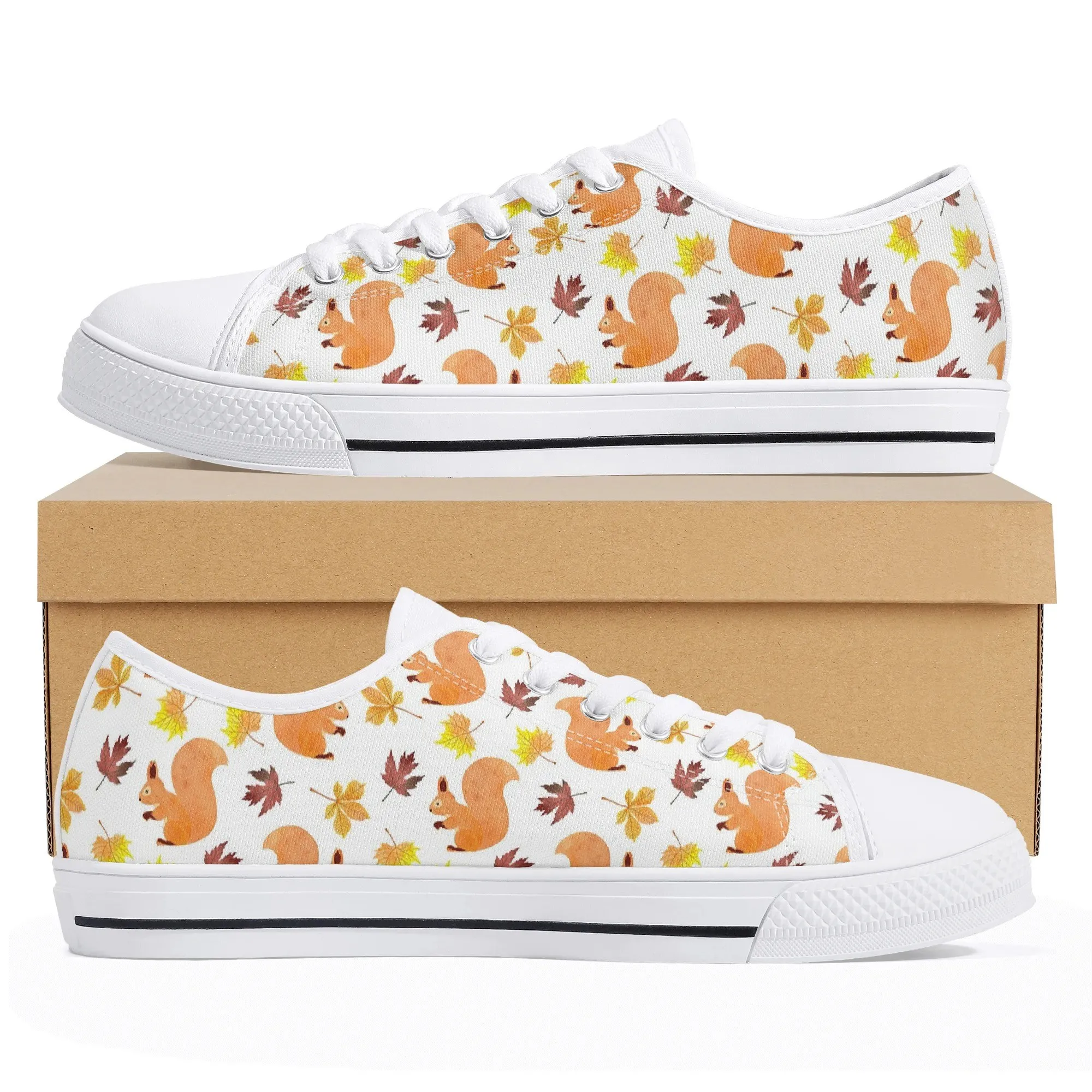Autumn Squirrel Low Top Canvas Shoes, Fall Leaves Platform Sneakers, Women's Harvest Season Footwear Gift for Her