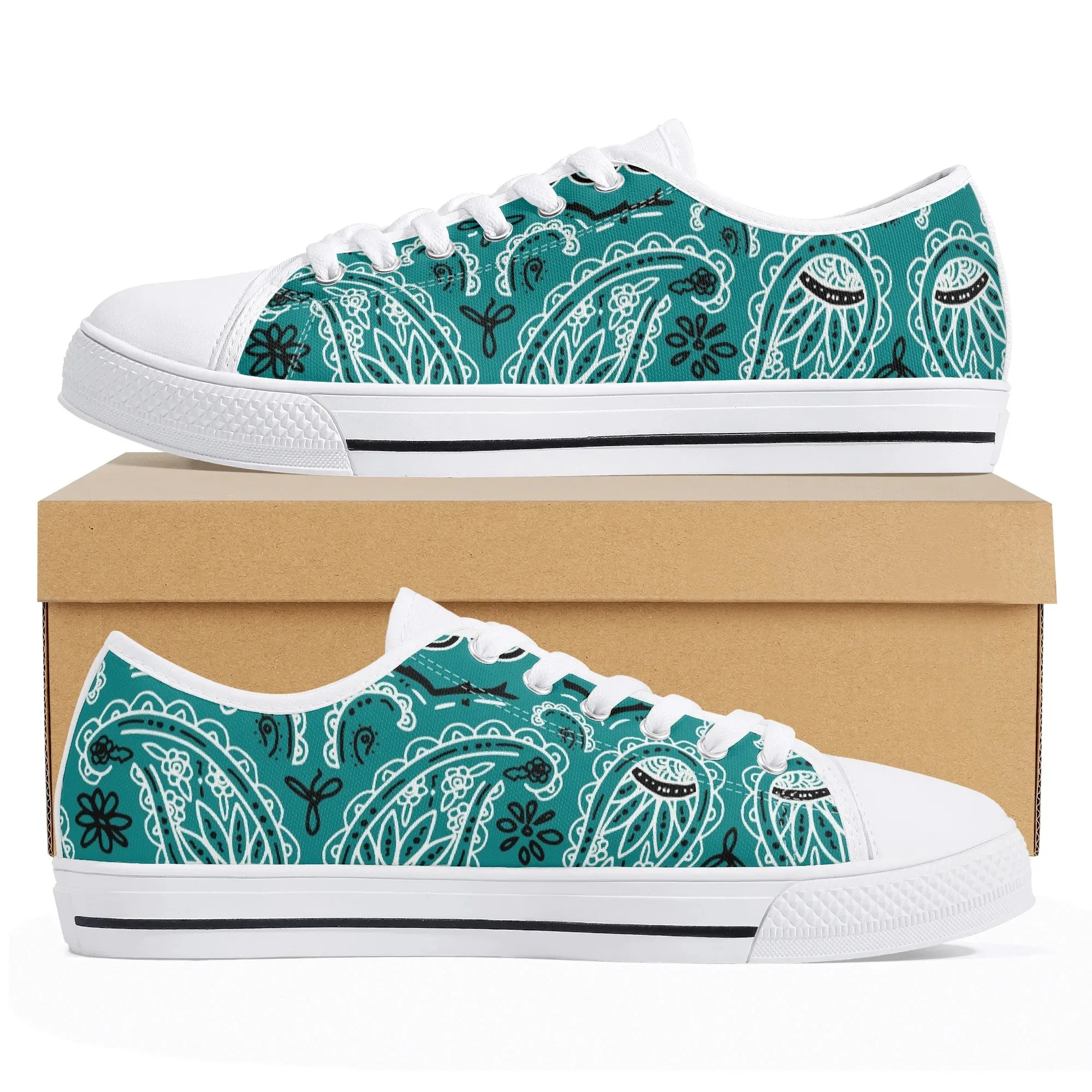 Teal Green Bandana Low Top Canvas Shoes, Turquoise Paisley Platform Sneakers, Women's Boho Chic Streetwear Footwear