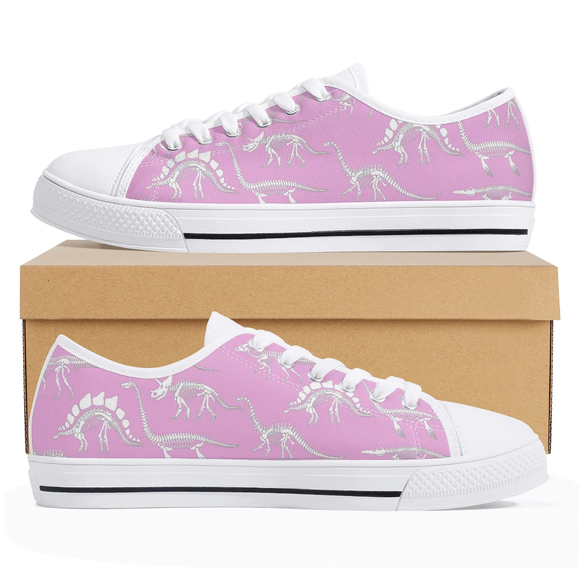 Pink Dinosaur Skeleton Low Top Canvas Shoes, Pastel Dino Fossil Sneakers, Women's Paleontology Platform Shoe Gift for Her