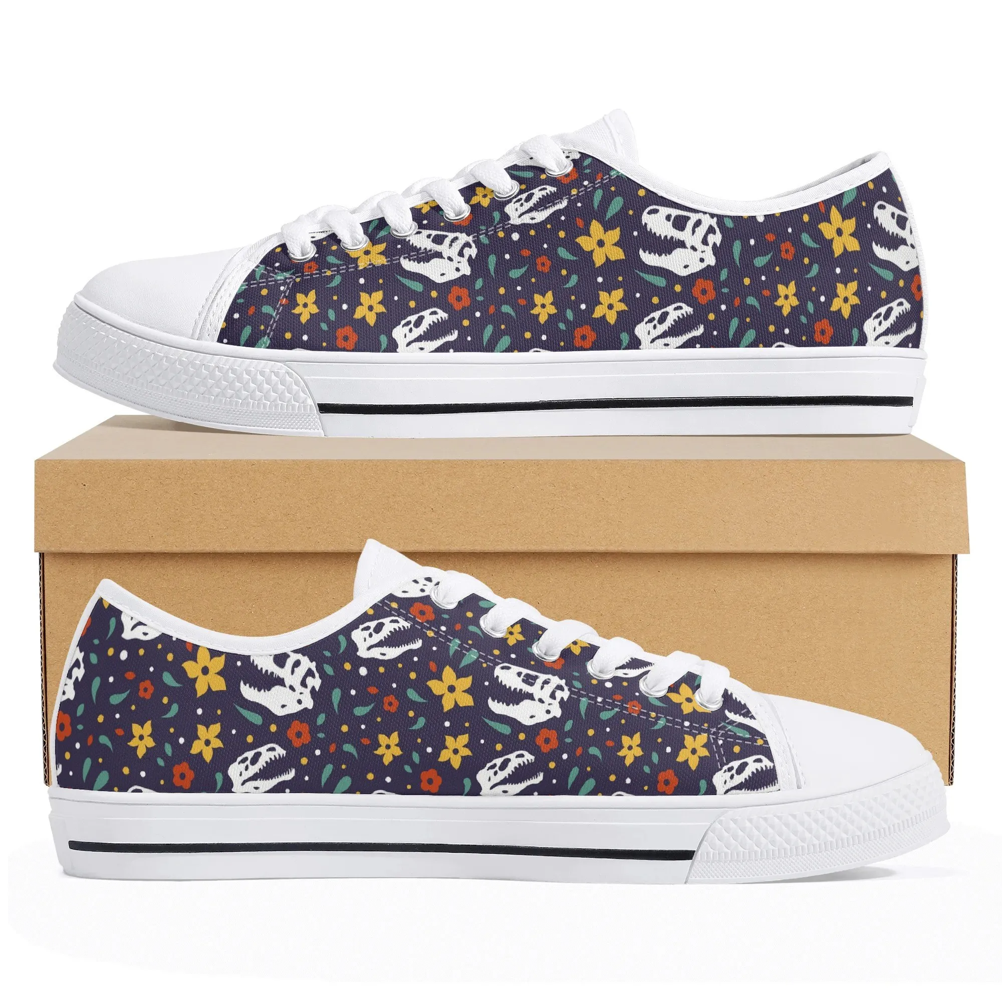 Dark Floral Dinosaur Sneakers, Low Top Canvas Shoes for Women, Jurassic Skull Pattern Trainer, Cute Dino Lover Gift, Boho Style Footwear