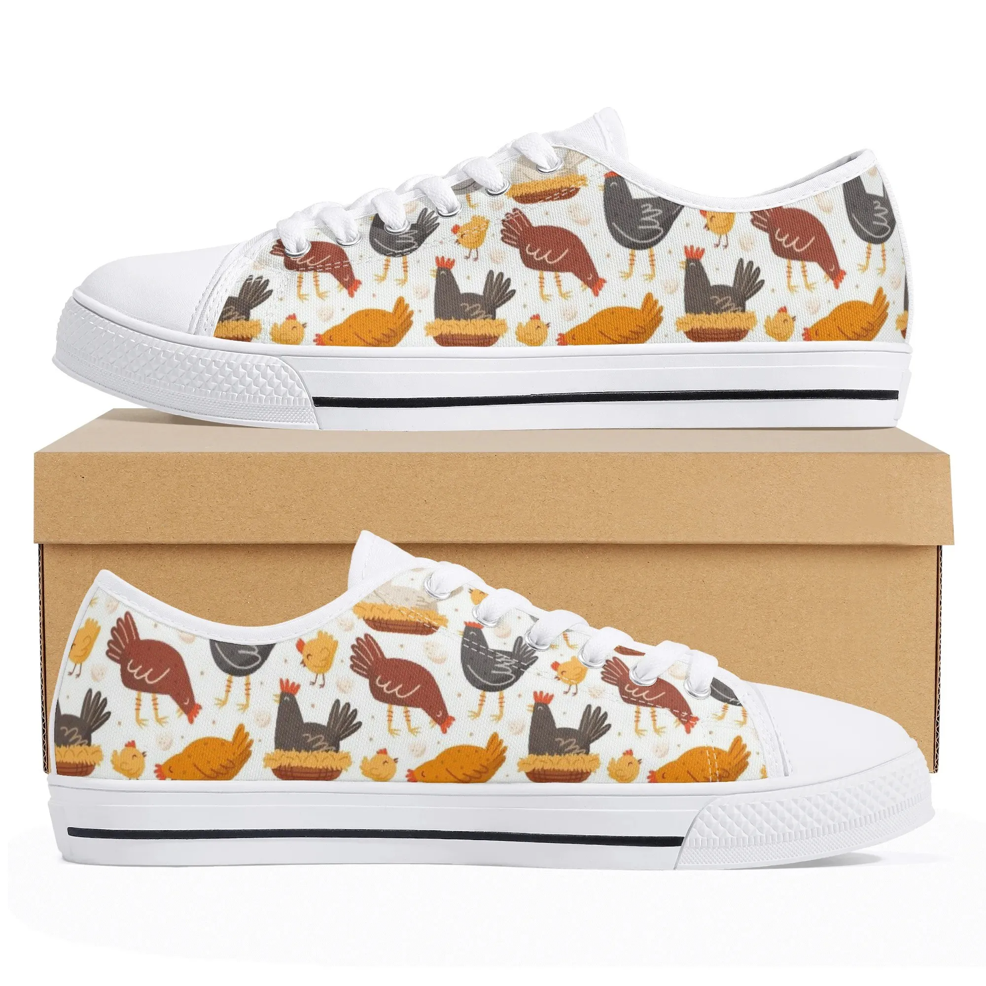 Funny Chicken Print Low Top Canvas Sneakers, Cute Farm Animal Shoes for Women, Poultry Lover Gift, Farmer Trainer, Chicken Coop Footwear