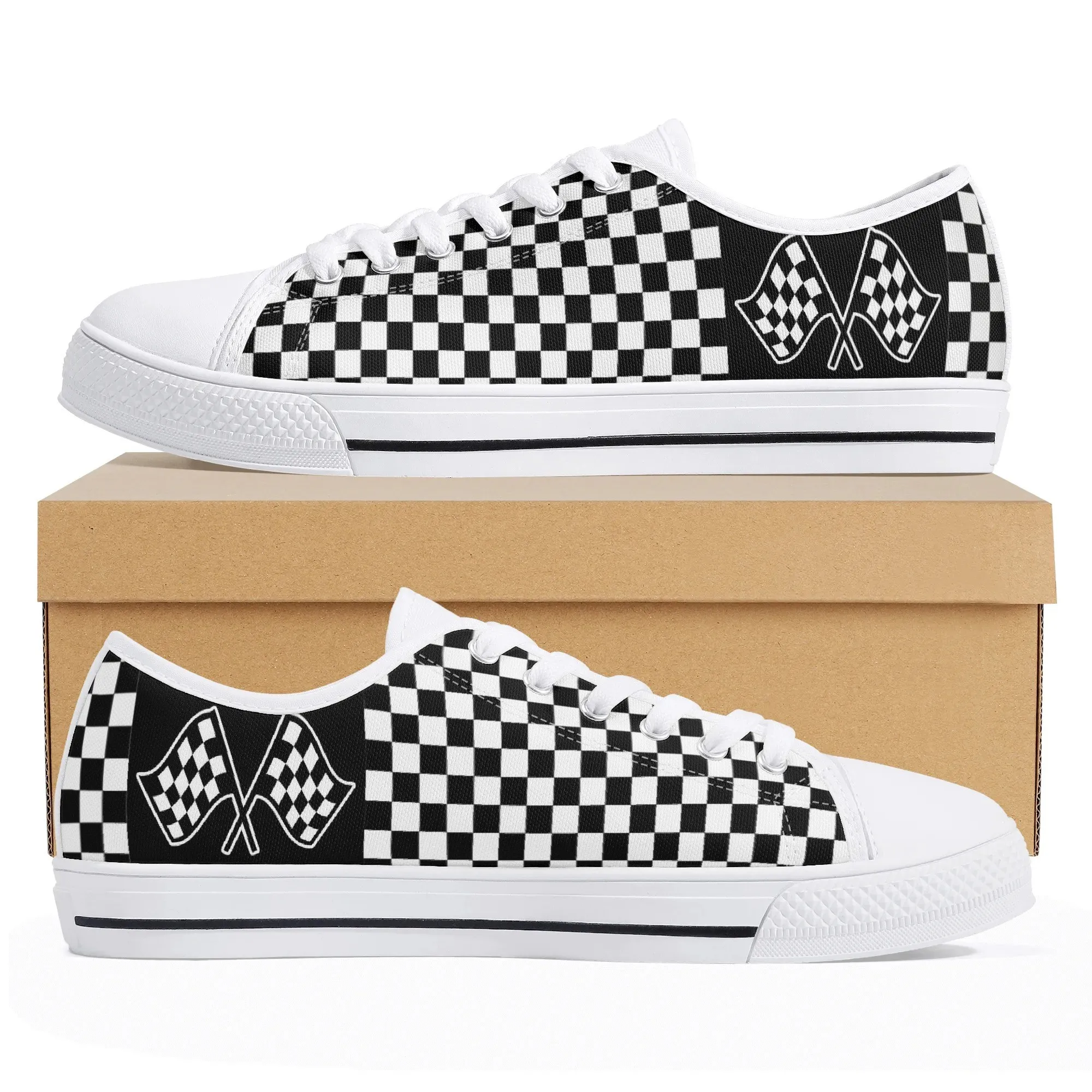 Checkerboard Low Top Canvas Sneakers, Racing Flag Checkered Shoes for Women, Motorsport Fan Gift, Race Day Trainer, Black and White Footwear
