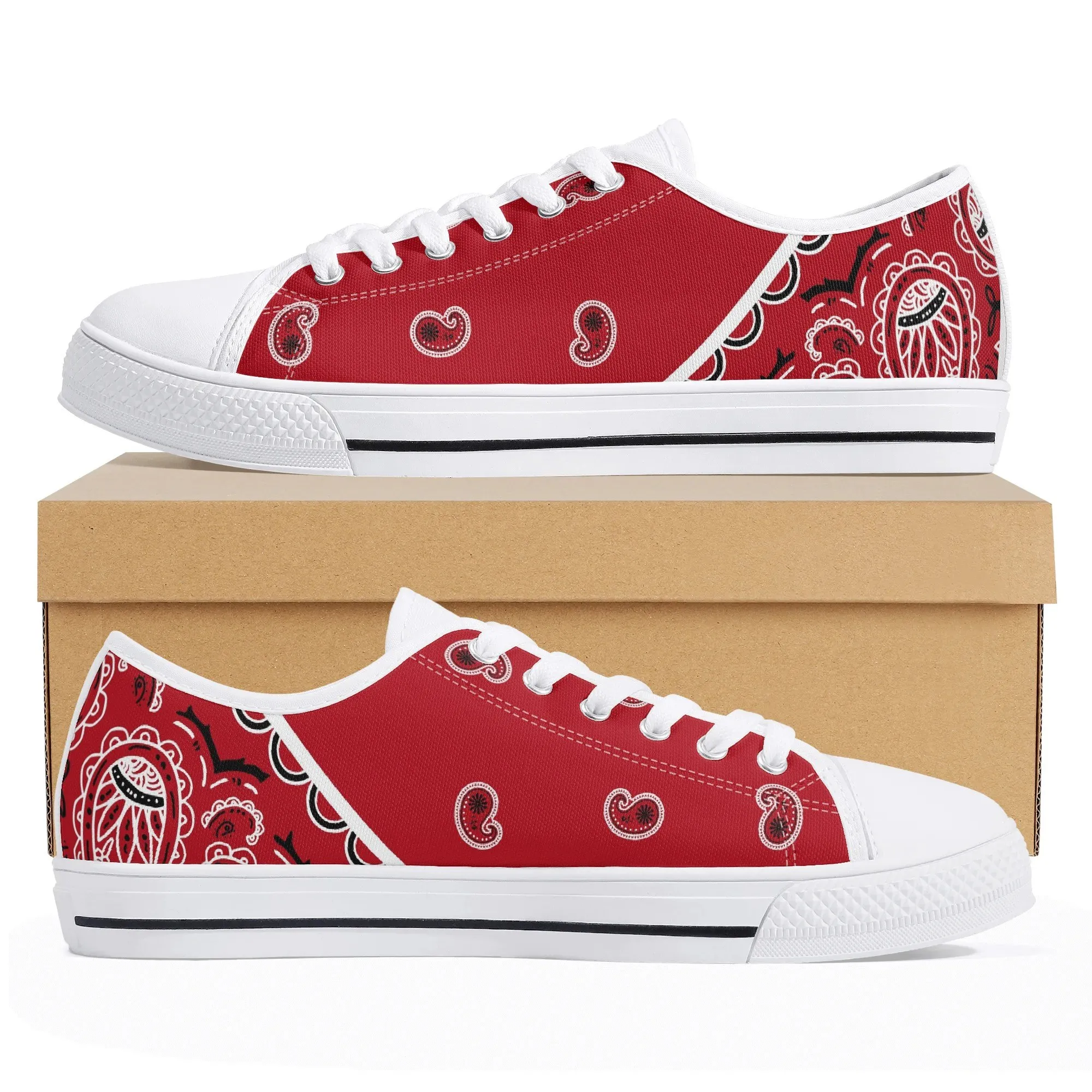Red Bandana Print Low Top Canvas Sneakers, Classic Paisley Shoes for Women, Streetwear Trainer, Retro Hippie Footwear, Biker Style Gift