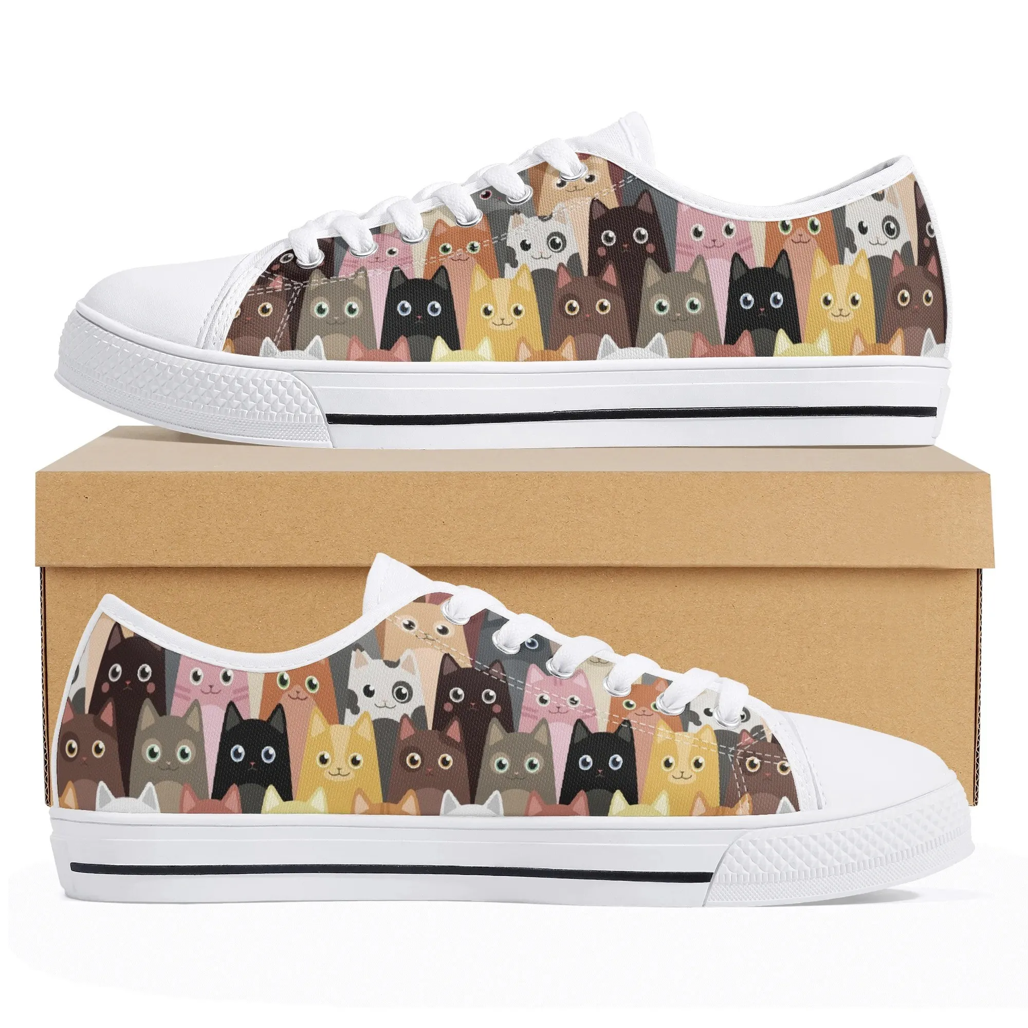 Custom Cat Crowd Low Top Canvas Sneakers, Kawaii Kitten Print Shoes for Women, Funny Cat Lover Gift, Animal Themed Footwear