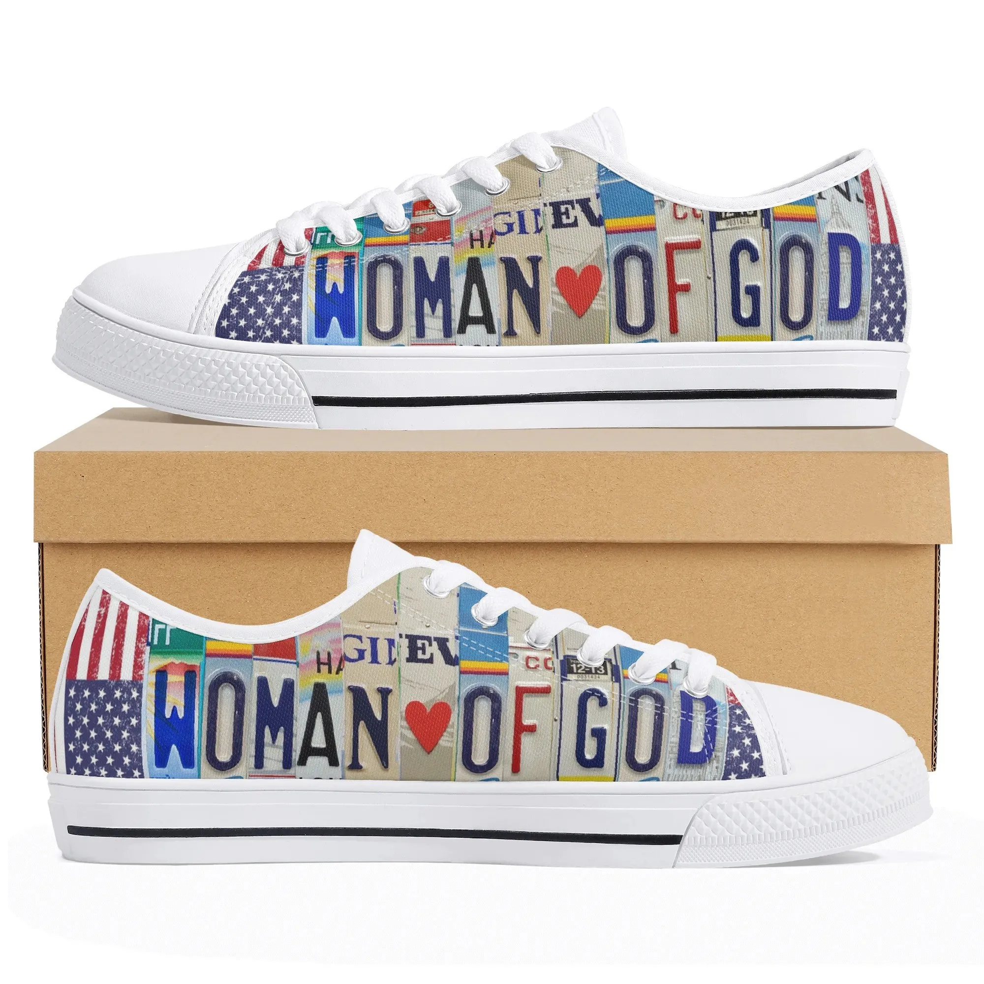 Woman Of God Low Top Sneakers, Christian Quote Sneakers, Religious Gifts, Bible Verse Footwear, American Flag License Plate Art God Jesus