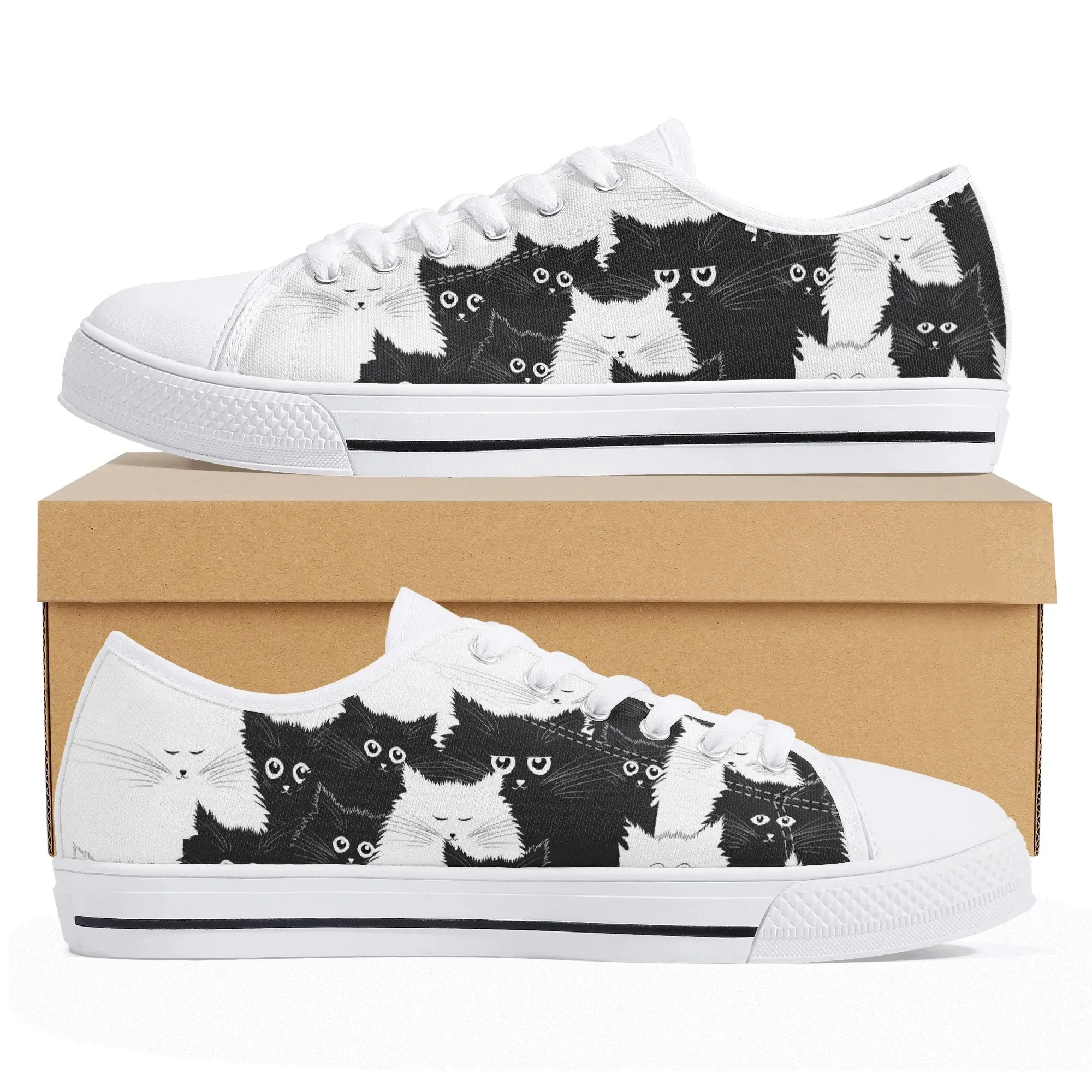 Custom Black and White Cat Low Top Canvas Sneakers, Persian Kitten Print Shoes for Women, Monochrome Cat Lover Gift, Gothic Pet Footwear