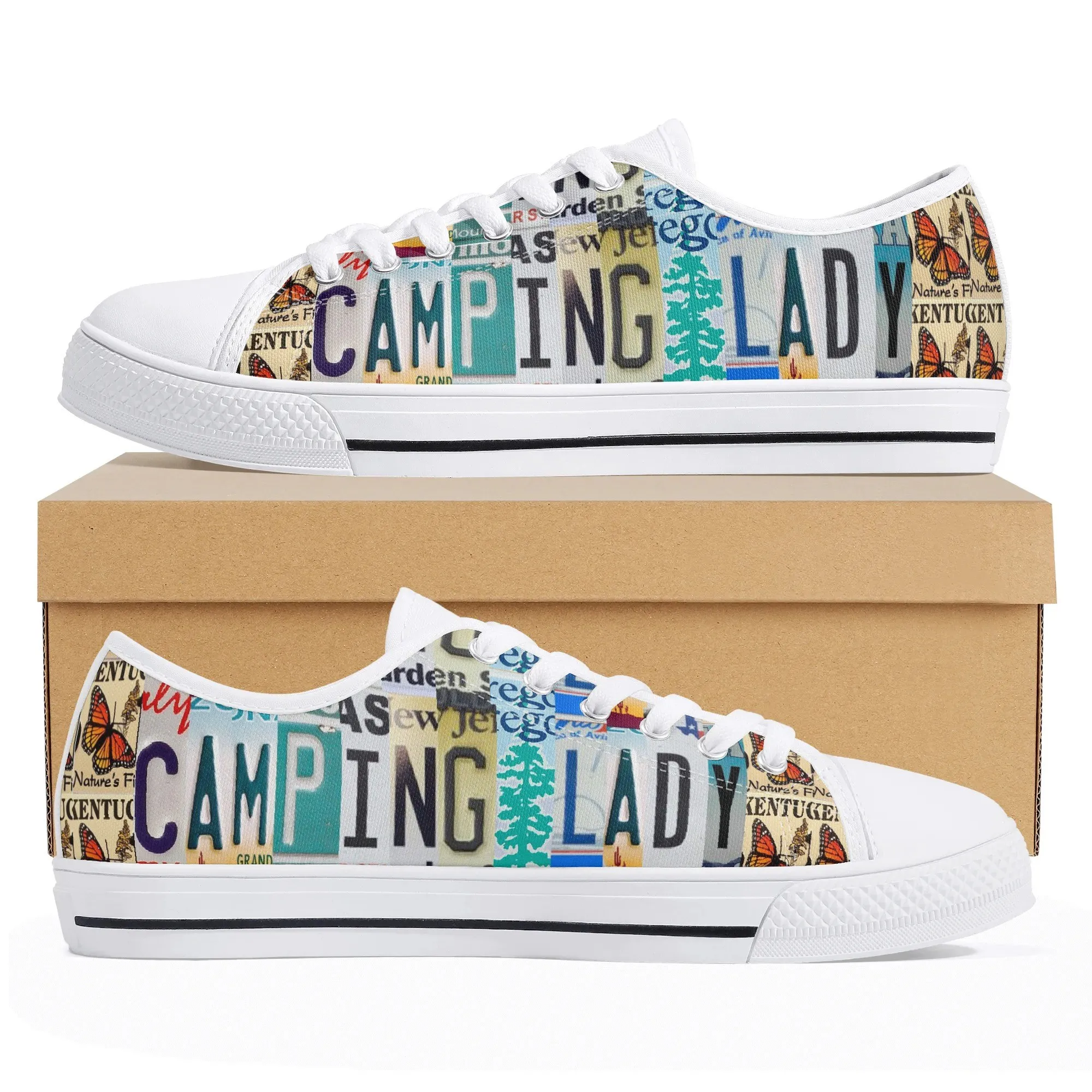 Camping Lady Low Top Sneakers, Nature Lover Gift, Hiking Forest Canvas Shoes, License Plate Art Graphic Outdoors Adventure Gear