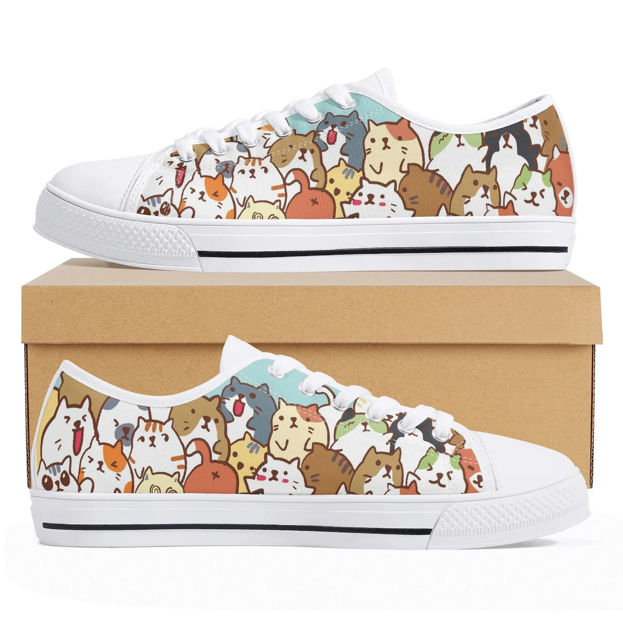 Hand Drawn Cat Low Top Canvas Sneakers, Funny Sketch Kitten Print Shoes for Women, Kawaii Pet Lover Gift, Doodle Style Trainer
