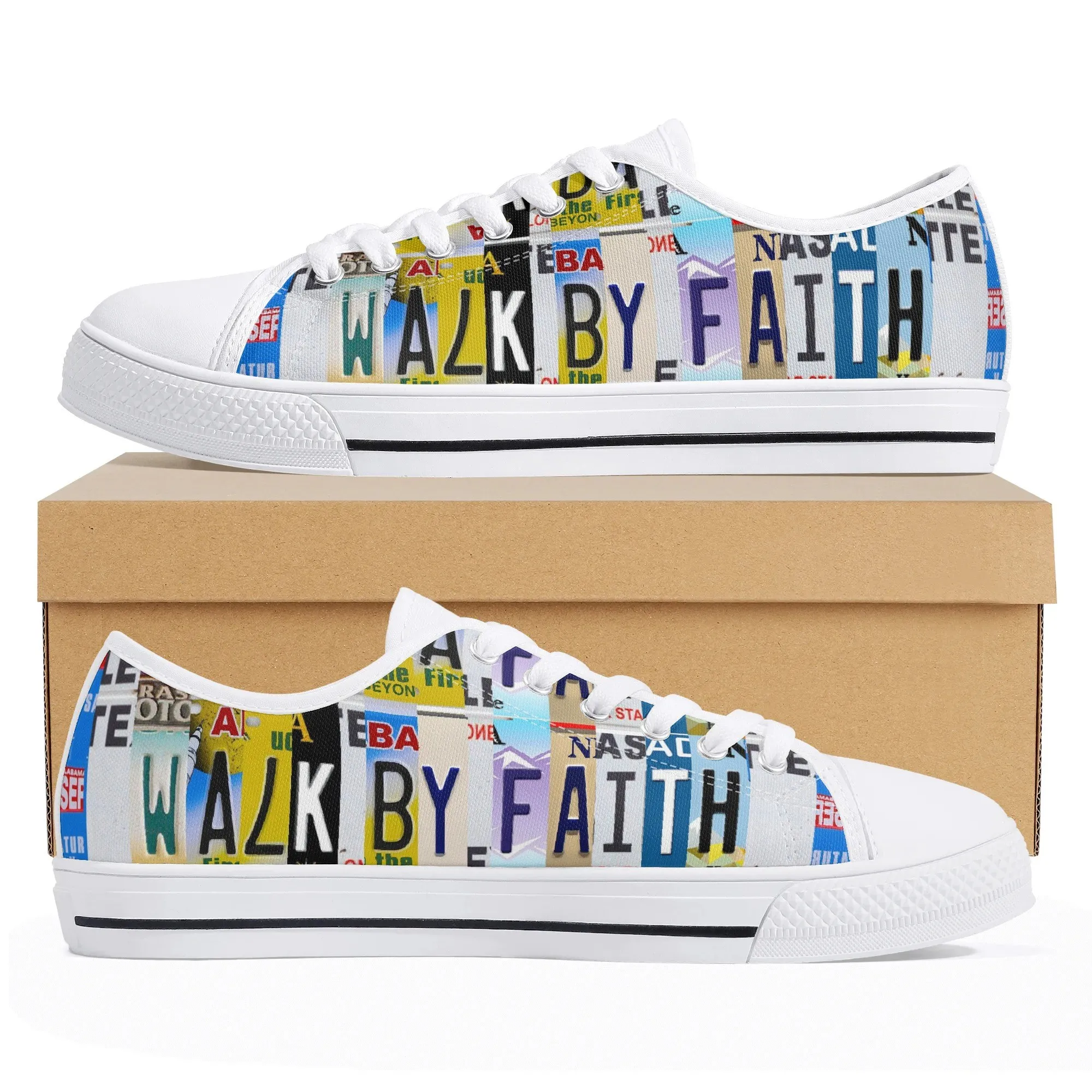 Walk By Faith Low Top Canvas Shoes For Women, Christian Quote Sneakers, Religious Gifts For Her, Bible Verse Footwear