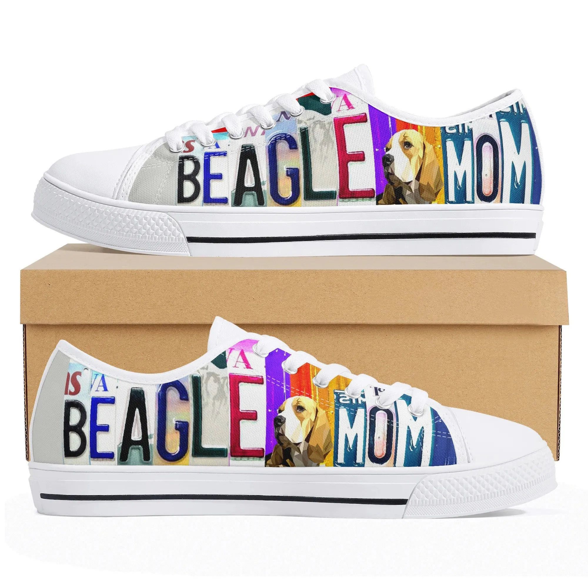 Beagle Mom Low Top Canvas Shoes, Dog Lover Gift For Her, Cute Puppy Print Sneakers, Beagle Owner Footwear, Animal Art Graphic Running Shoes