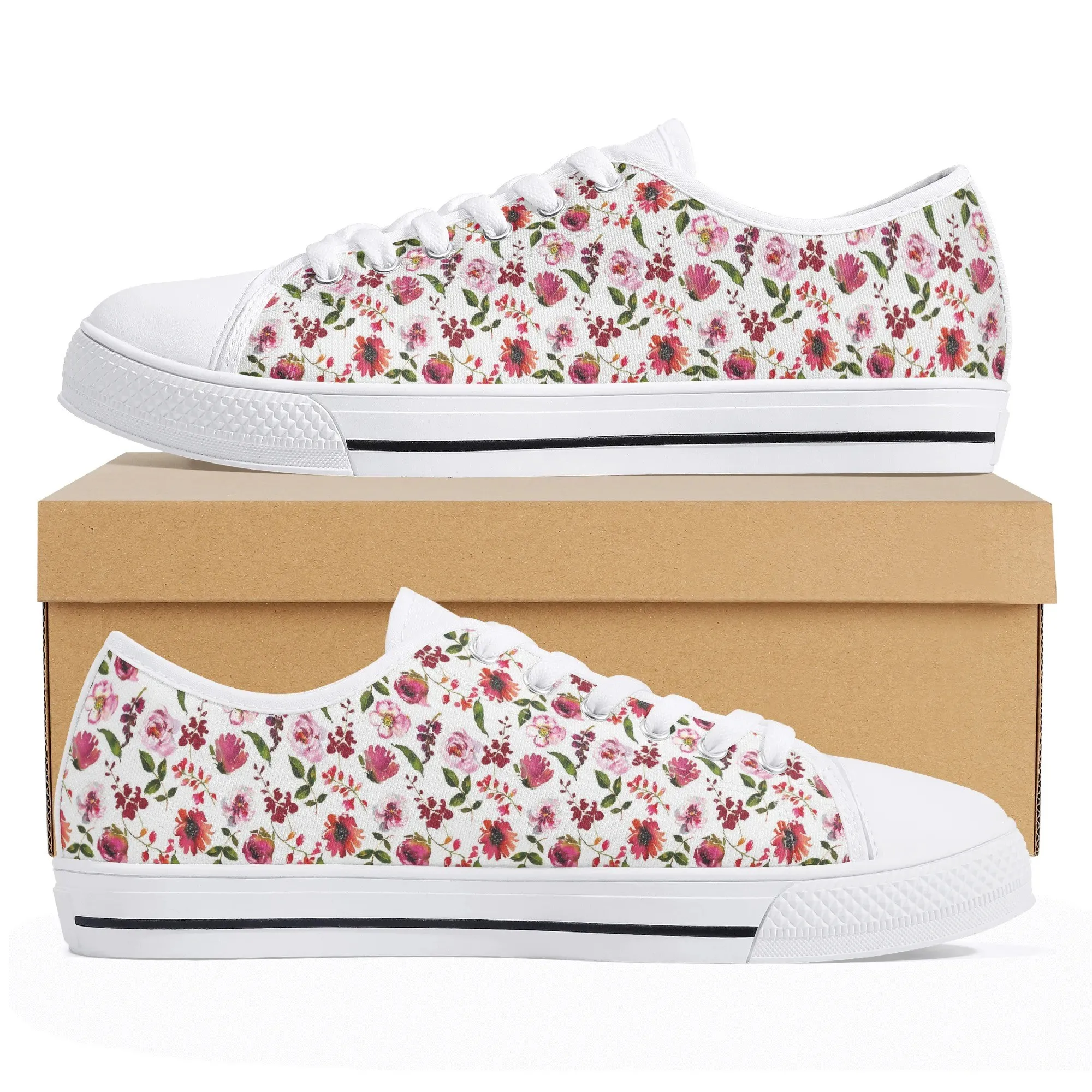 Pink Red Floral Low Top Canvas Sneakers, Romantic Cottagecore Flower Print Shoes for Women, Sweet Garden Lover Gift, Valentines Gift