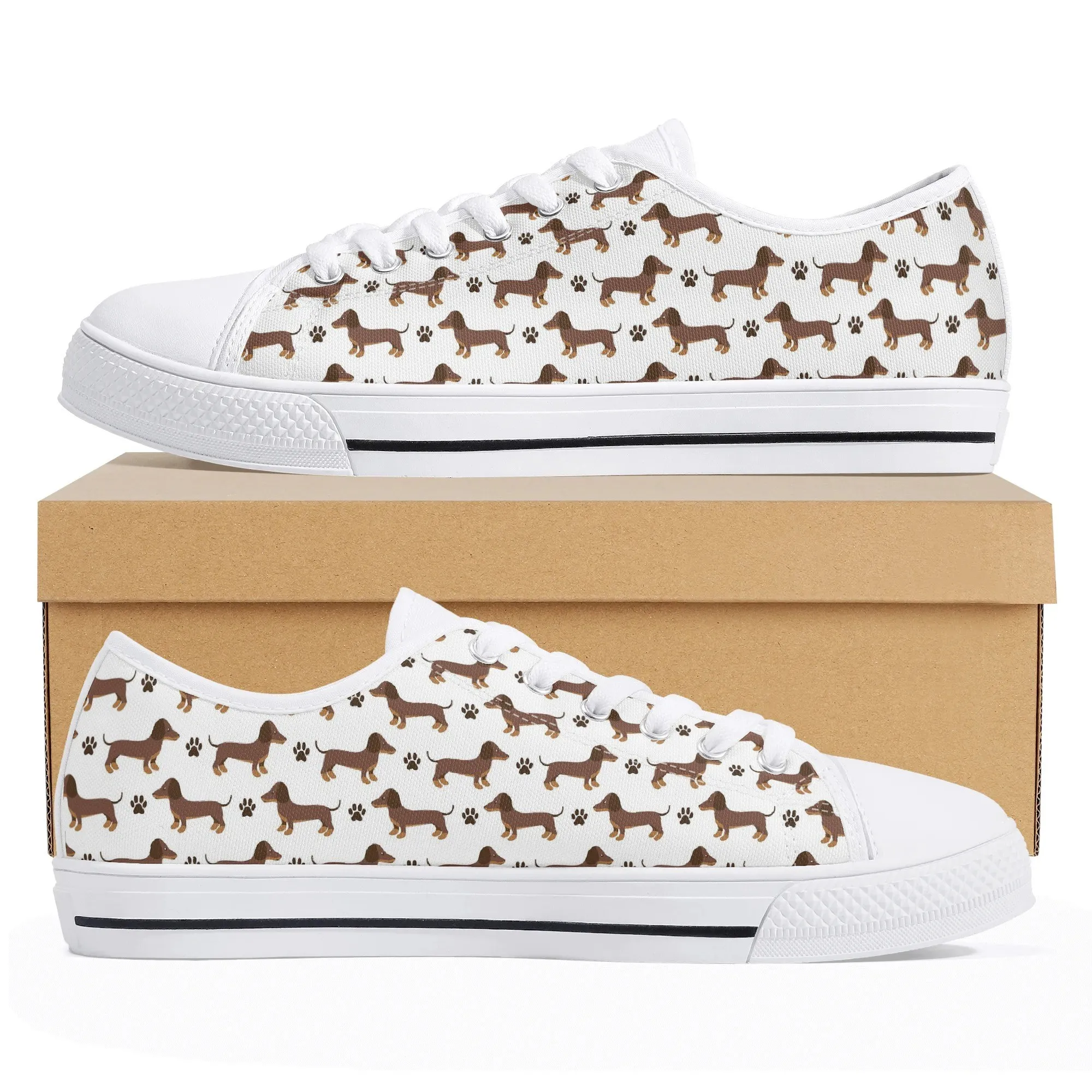 Dachshund Print Canvas Shoes, Women's Low Top Weiner Dog Sneakers, Men's Sausage Dog Gift, Custom Brown Puppy Pattern & Paw Trainer